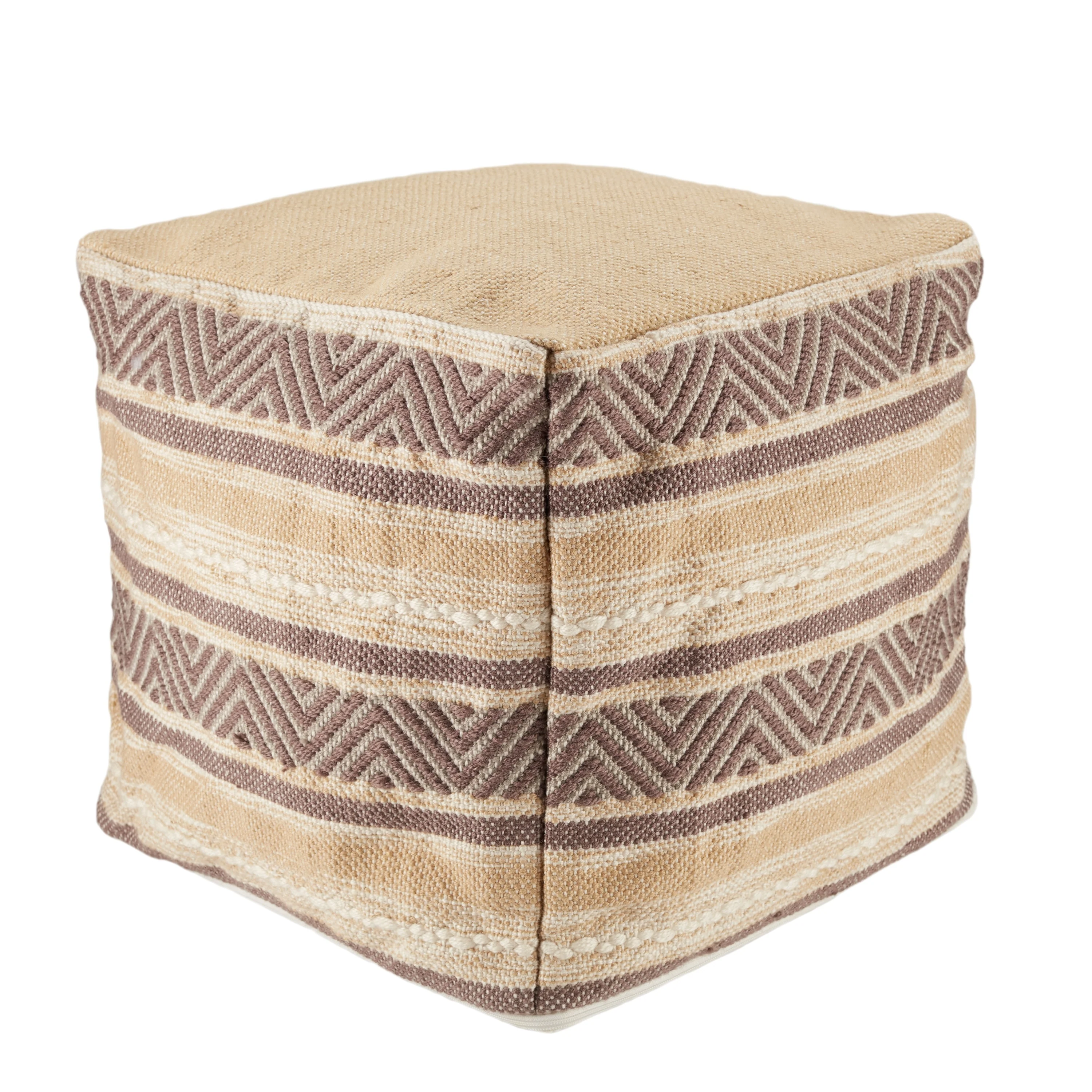 Donovan Indoor/ Outdoor Striped Beige/ Gray Pouf/ Floor Pillow - 16X16X16