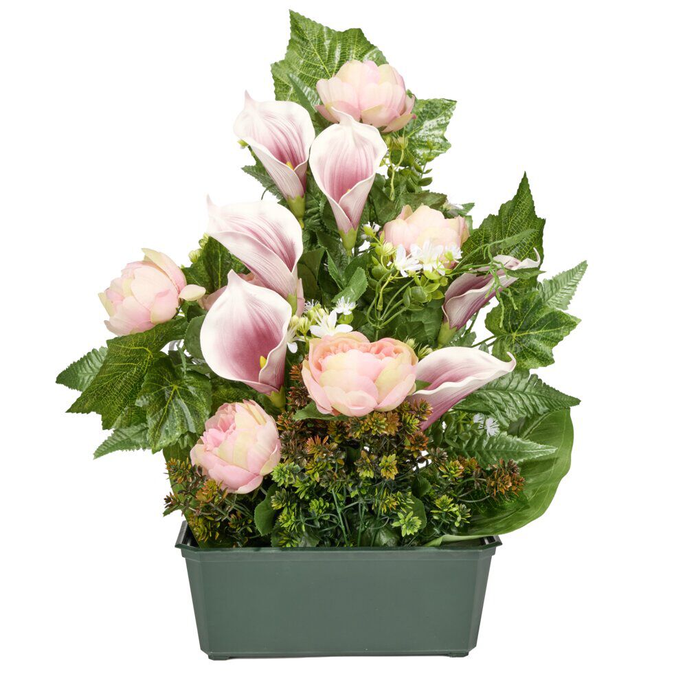 Composition florale jardinière pivoines arums buis lierre 50x10xH64cm (3 modèles)