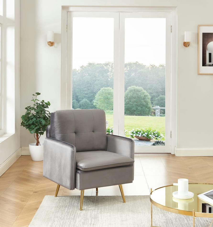 ADAM - Fauteuil  velours anthracite avec piètement en métal doré