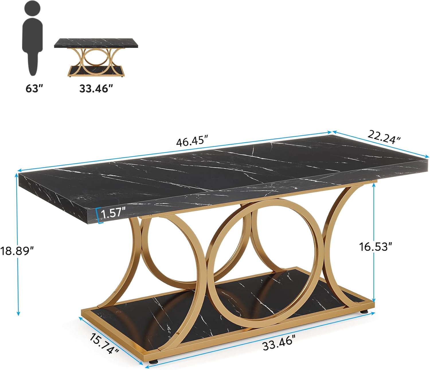 Tribesigns Rectangle Coffee Table, 47.24-inch Modern Coffee Tables for Living Room, 2-Tier Faux Marble Wood Coffee Table with Geometric Metal Legs, Furniture with Storage Shelf (Black & Gold)