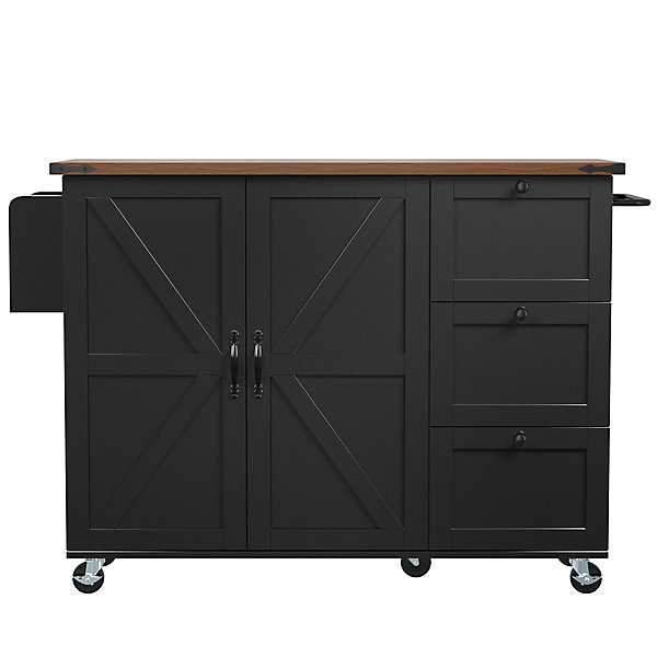 Îlot cuisine chariot service, plan coulissant, 2 portes/3 tiroirs, bois veiné, noir