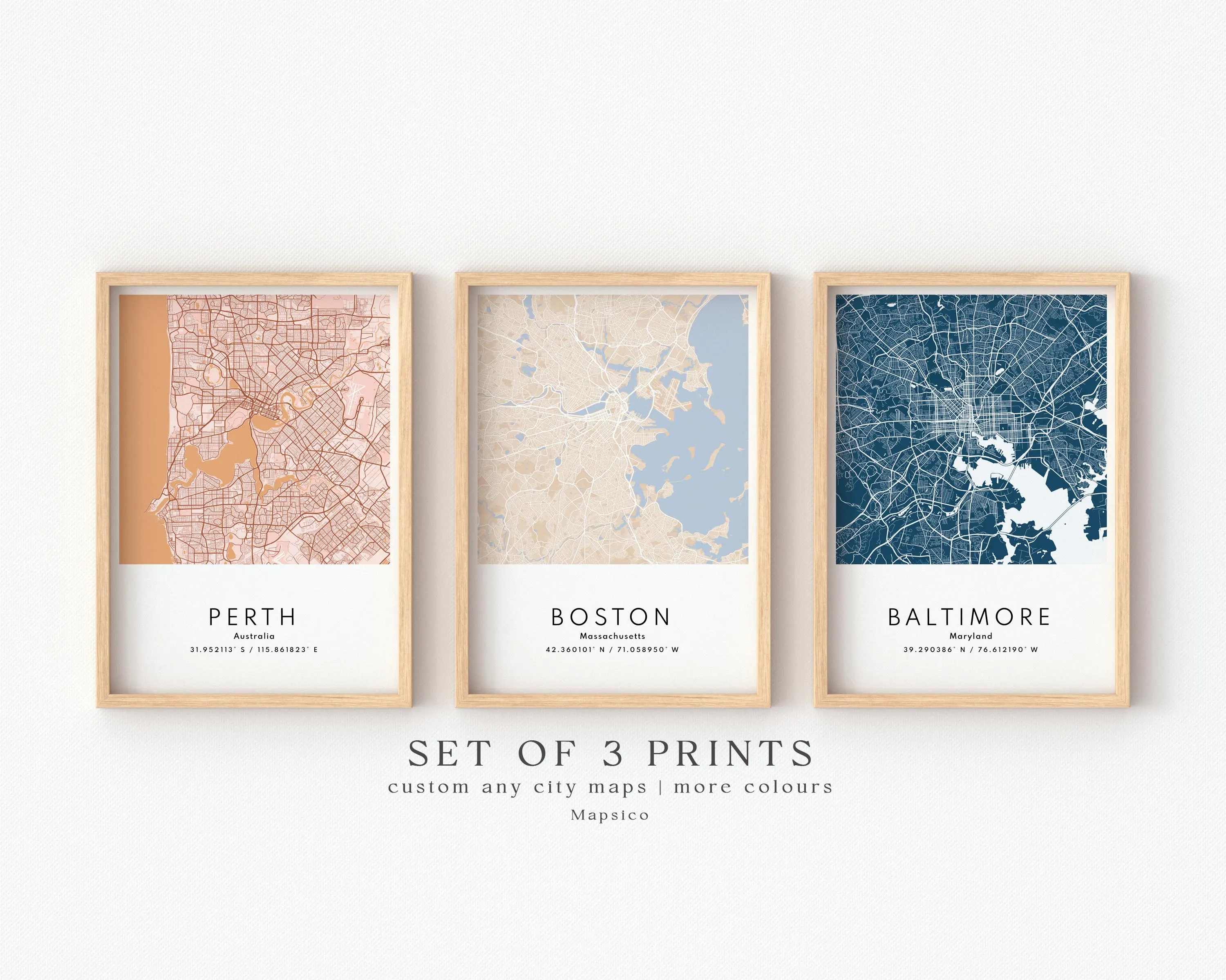 Set Of 3 Custom Maps, City Map Prints, Custom Map Print, Custom Any Location, Personalized Map Print, City Poster Wall Art, City Map Gift