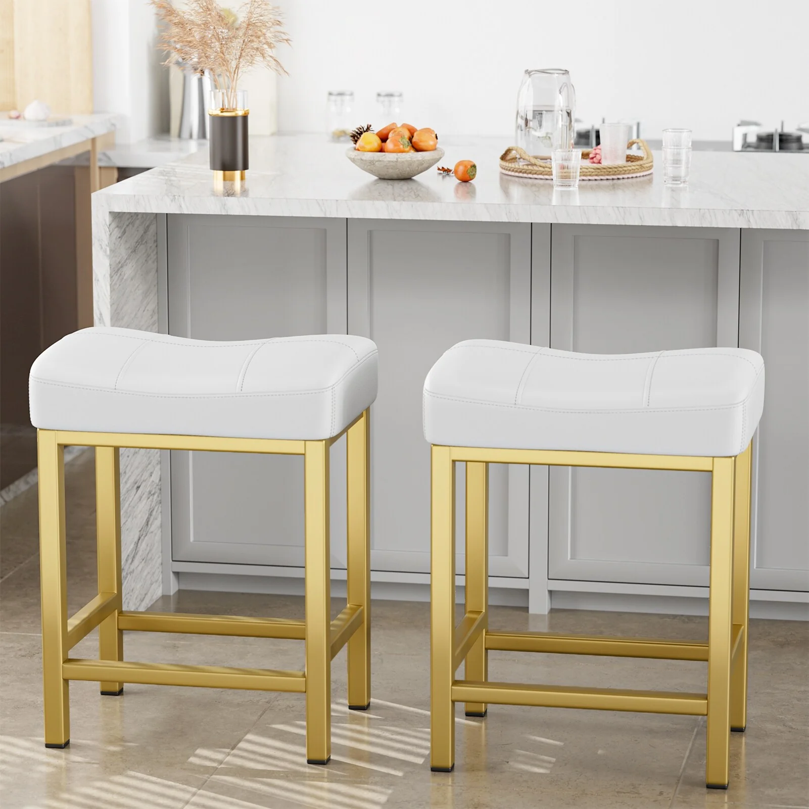 24 Counter Height Stools Set of 2 Saddle PU Leather Bar Stools - 18.5 x 14.2 x 24.6 in