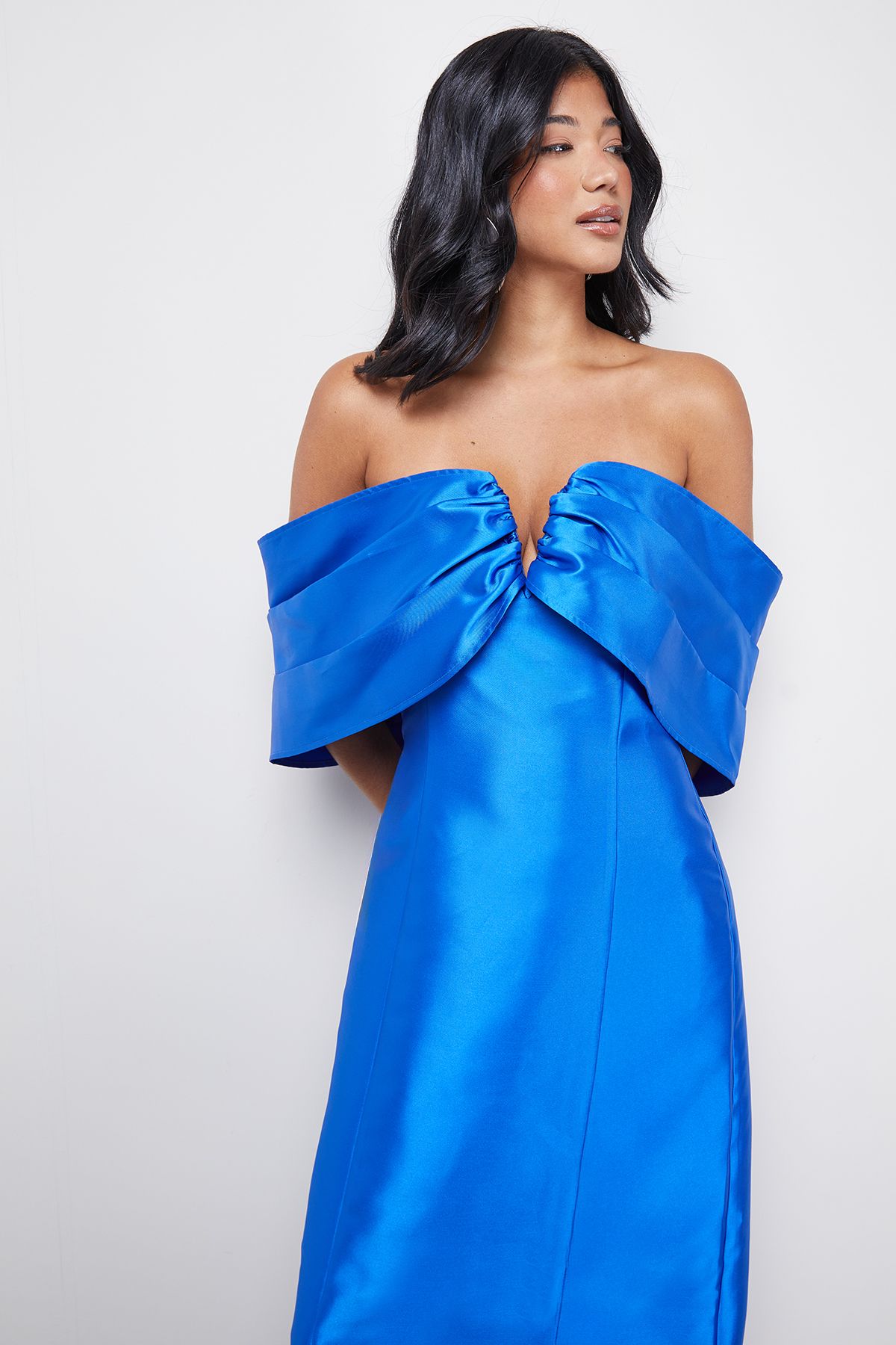 Warehouse Satin Twill Notch Front Bardot Midi Dress