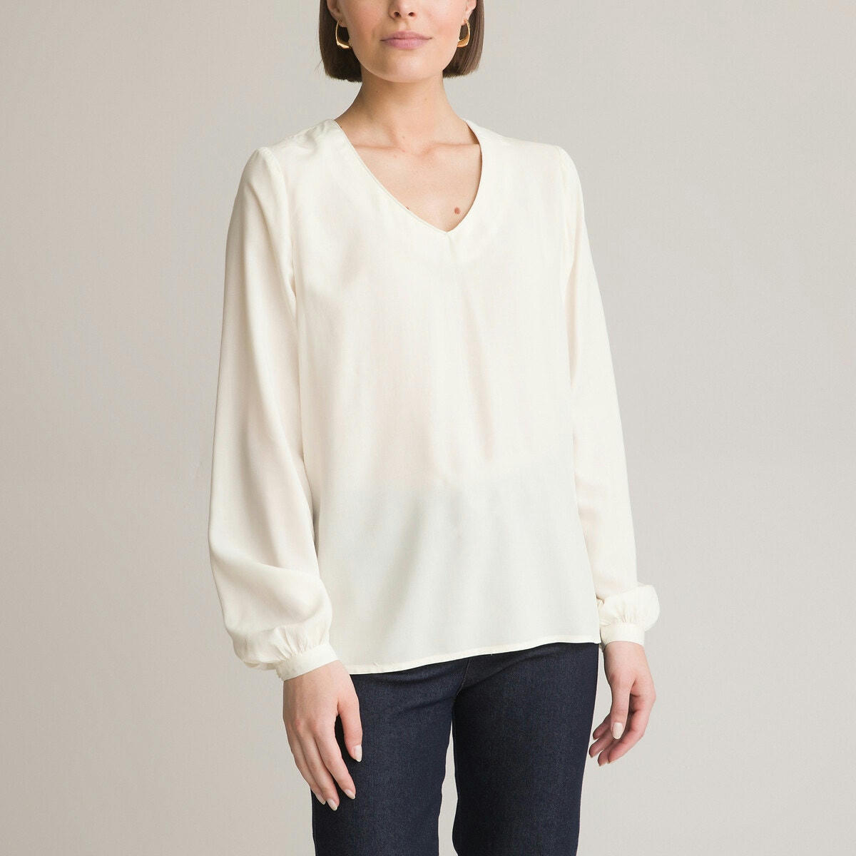 Blouse unie col V, manches longues