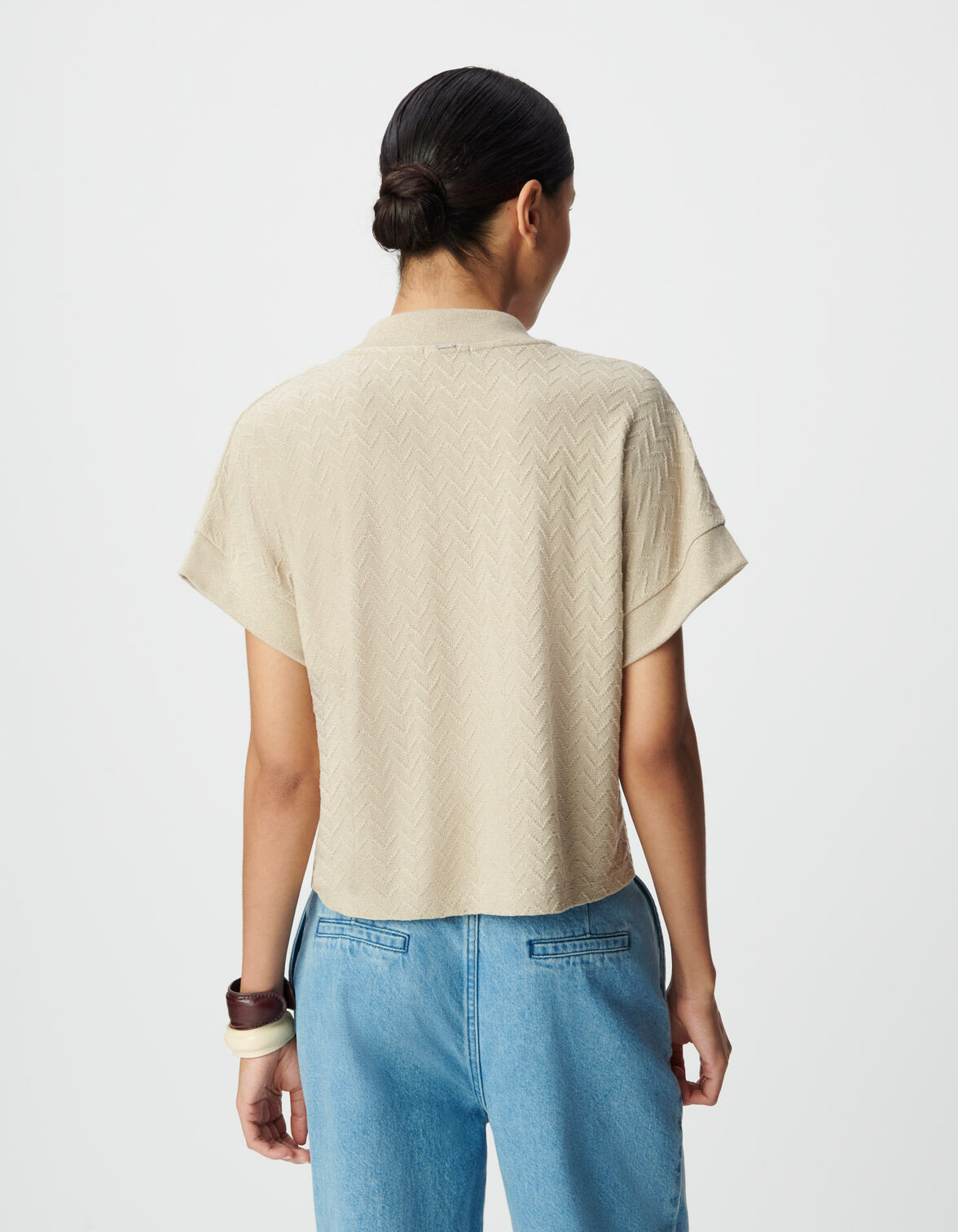 Tee-shirt manches courtes noir lurex maille ajourée Femme
