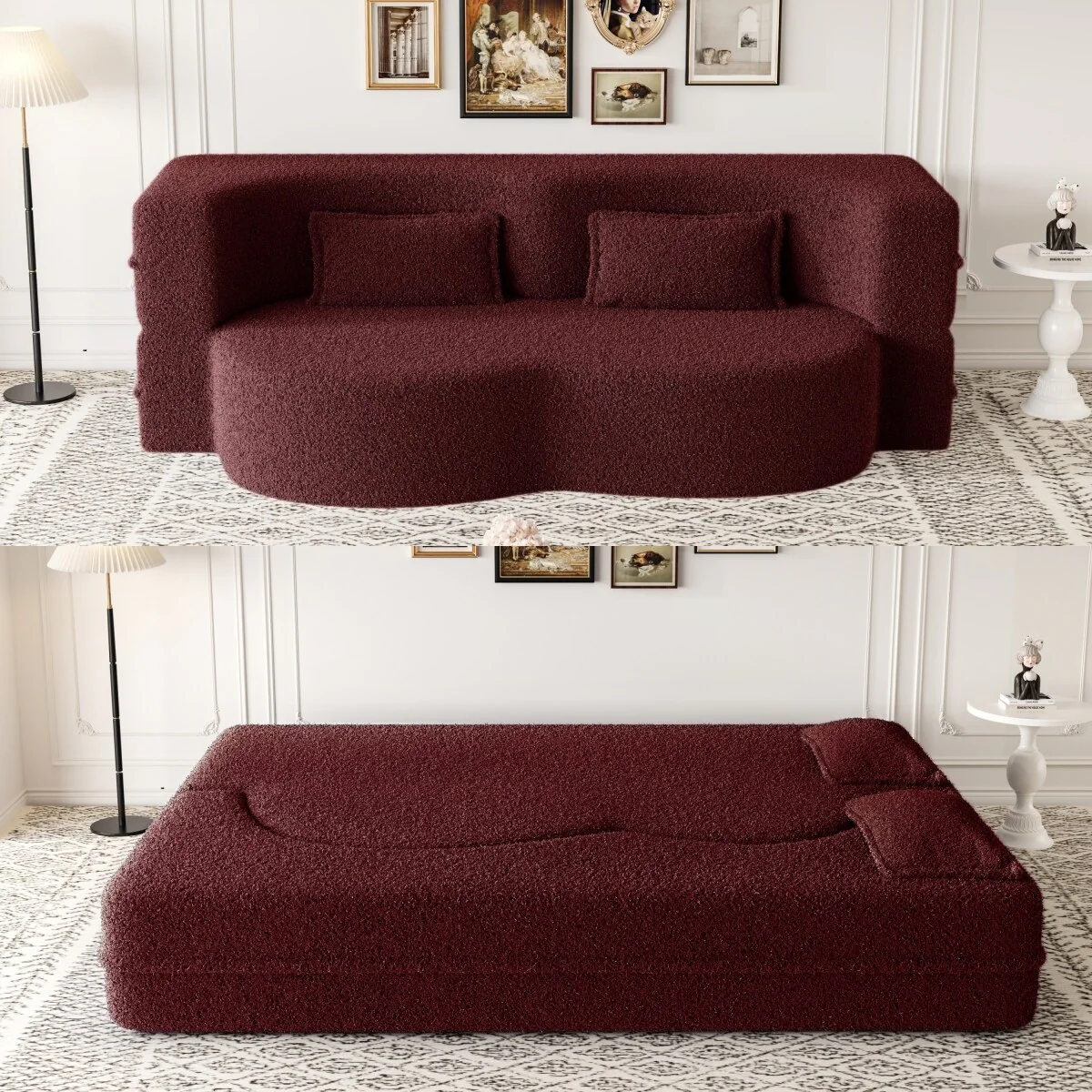 Modern Convertible Floor Folding Sleeper Sofa with 2 Pillows