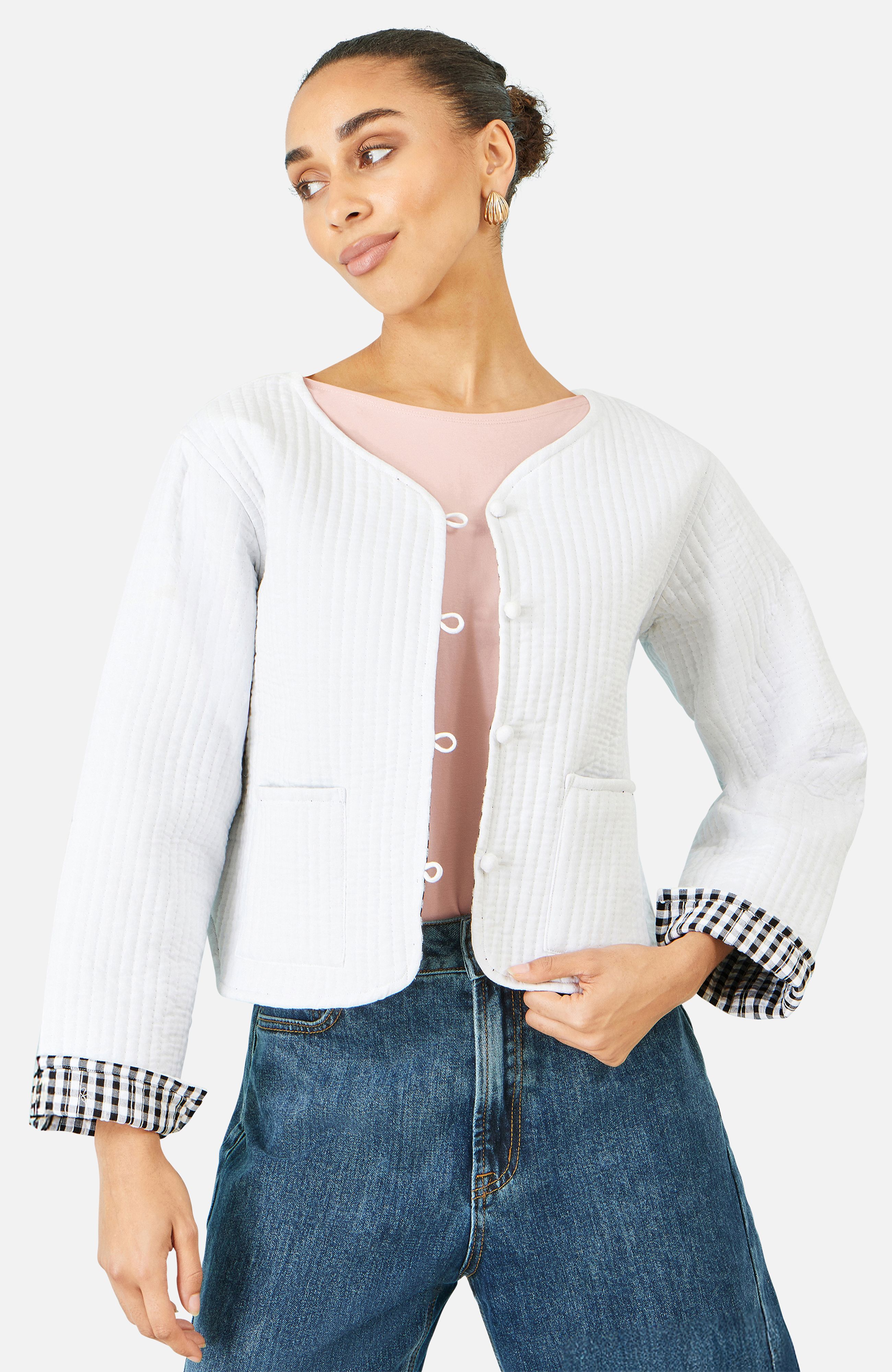 Yumi White Gingham Reversible Cotton Quilted Cropped Jacket