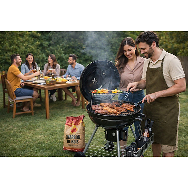 Barbecue à Charbon de Bois Diam54cm Double Grille Cuisson &Couvercle Thermostat Bac à cendres, Barbecue sur roues avec rangement