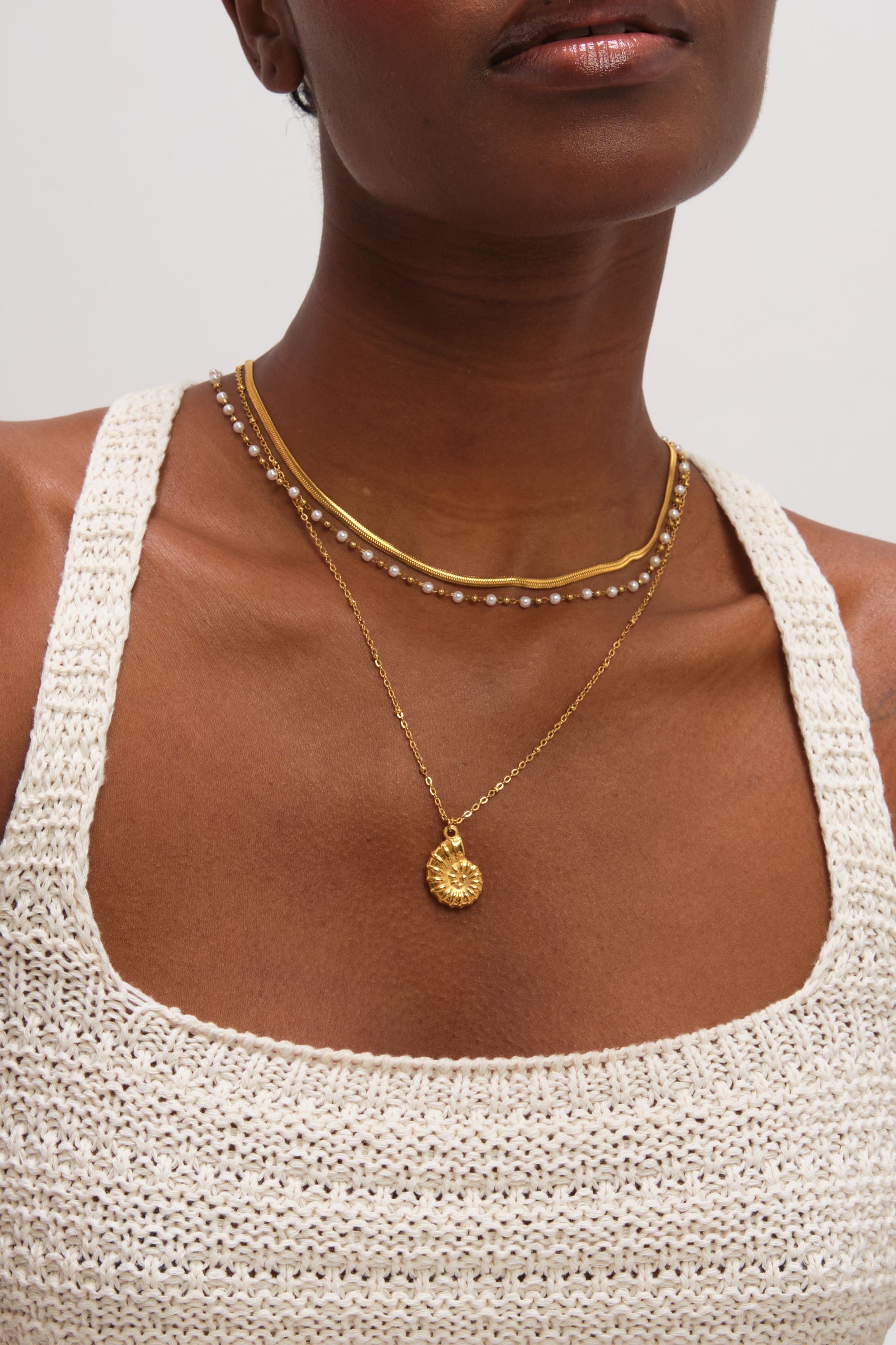 Jon Richard Gold Plated Waterproof Shell and Pearl Triple Row Necklace