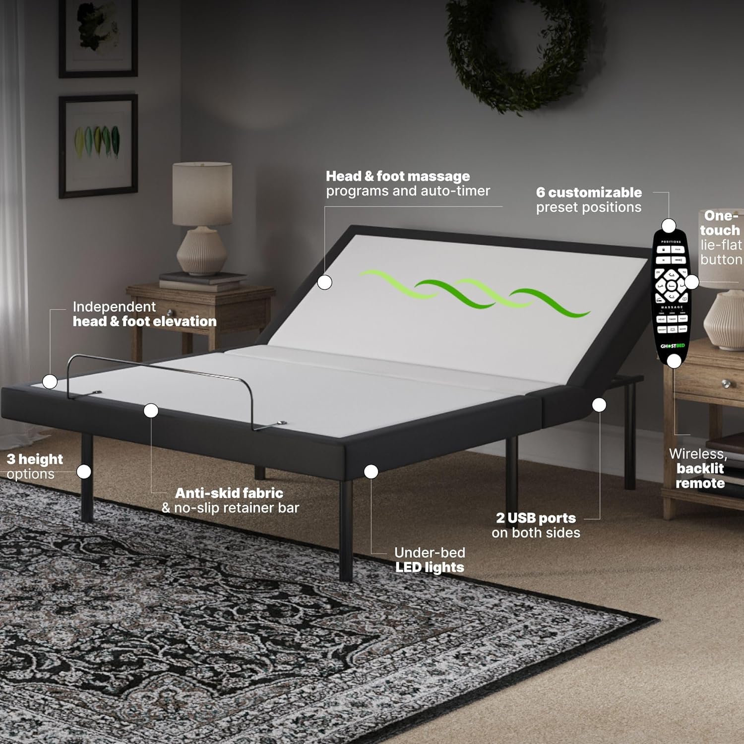 GhostBed Adjustable Bed Frame Power Base with 11 Ultimate Memory Foam Mattress Bundle - Electric Bed Base with Lumbar Support - Zero Gravity and Massage Settings - Queen