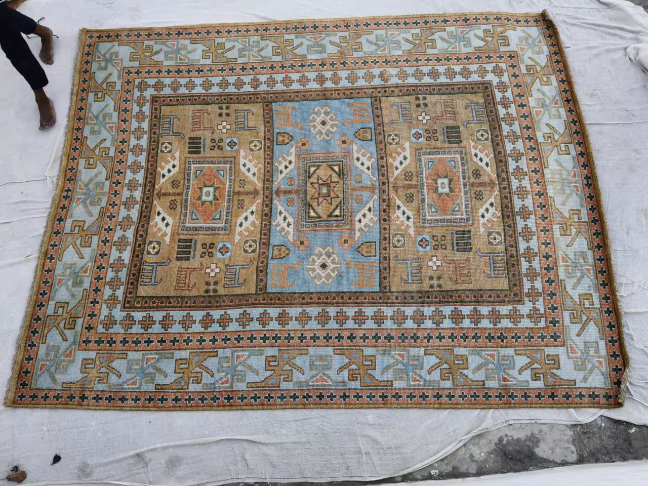 Vintage Hand Knotted Rug, Tribal Geometric Area Rug, Blue Beige Rust
