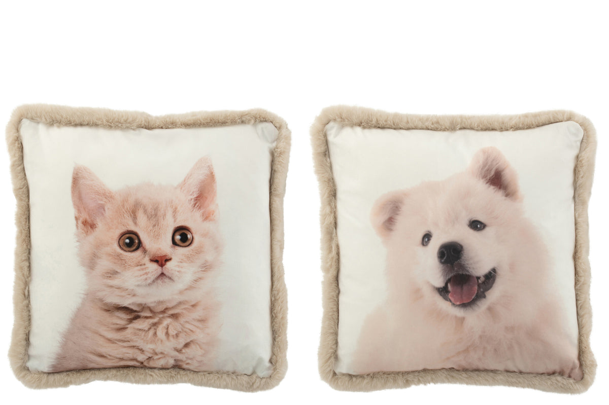 J-Line kussen Hond/Kat Bont - polyester - wit/beige - 2 stuks