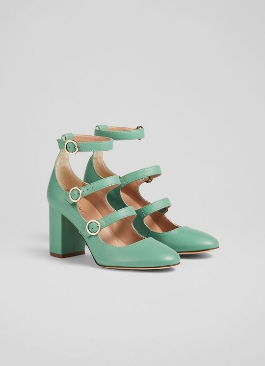 Letitia Green Leather Multi-Strap Heels