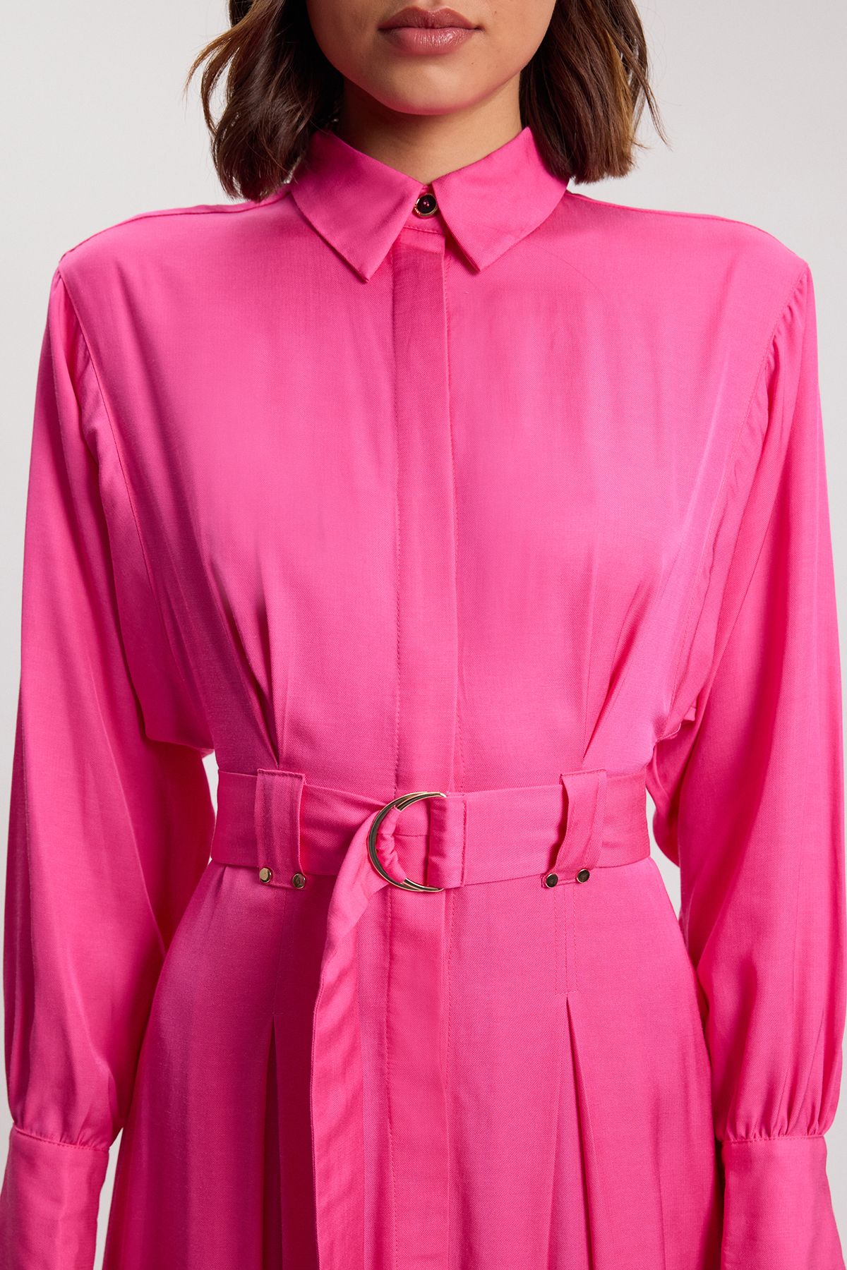KarenMillen Petite Premium Viscose Linen Woven Shirt Dress With Gold Buckle Belt