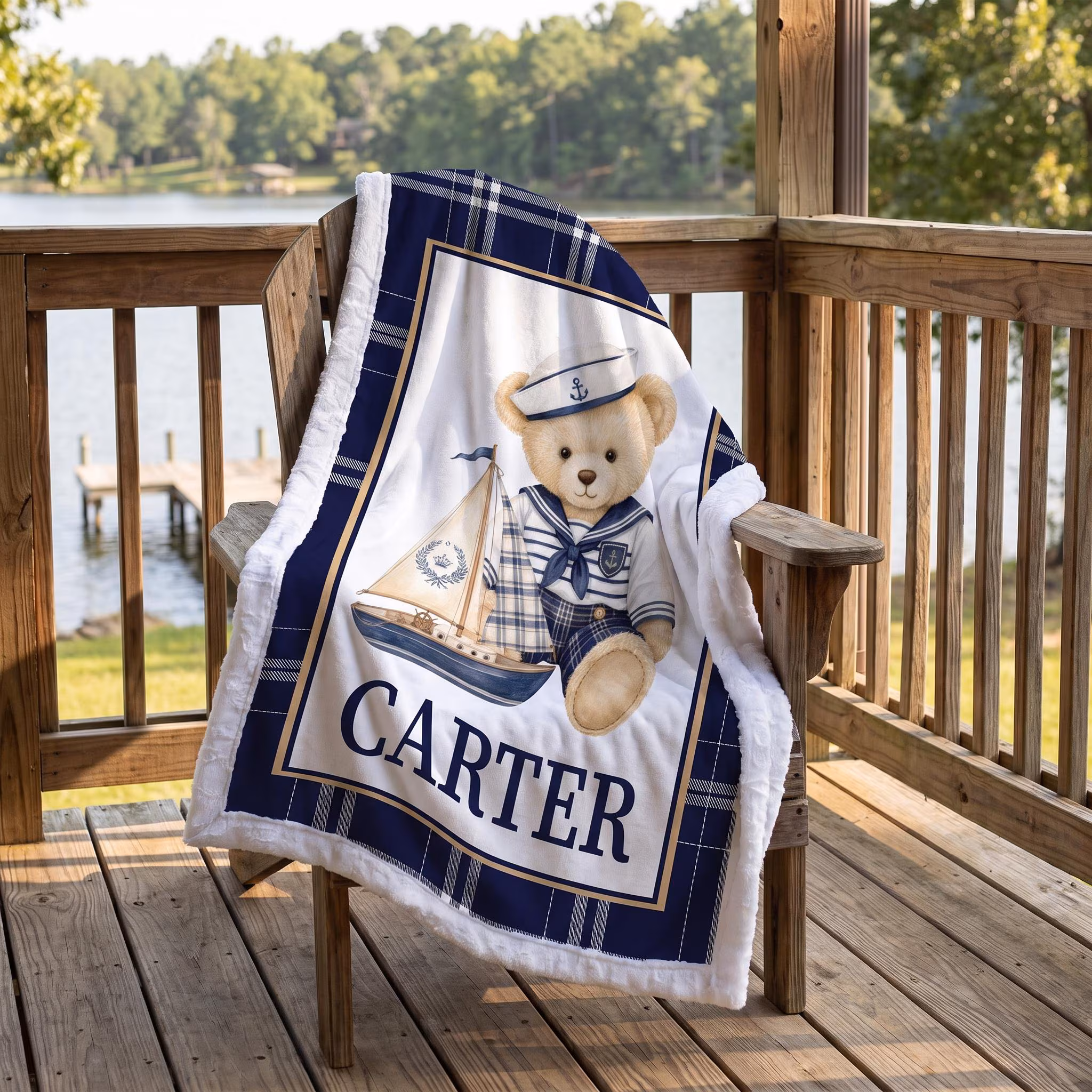 Nautical Baby Name Blanket – Baby Shower Gift for Boys | Personalized Sailor Bear Sailboat Luxe Cuddle Blanket Newborn Gift