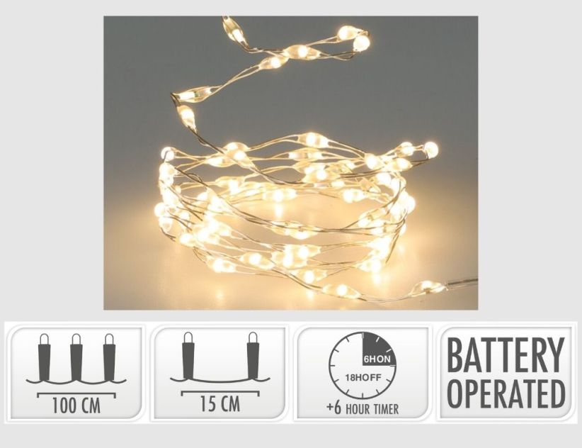 LED-Drahtlichterkette 66 LEDs warmweiß 1m mit Timer