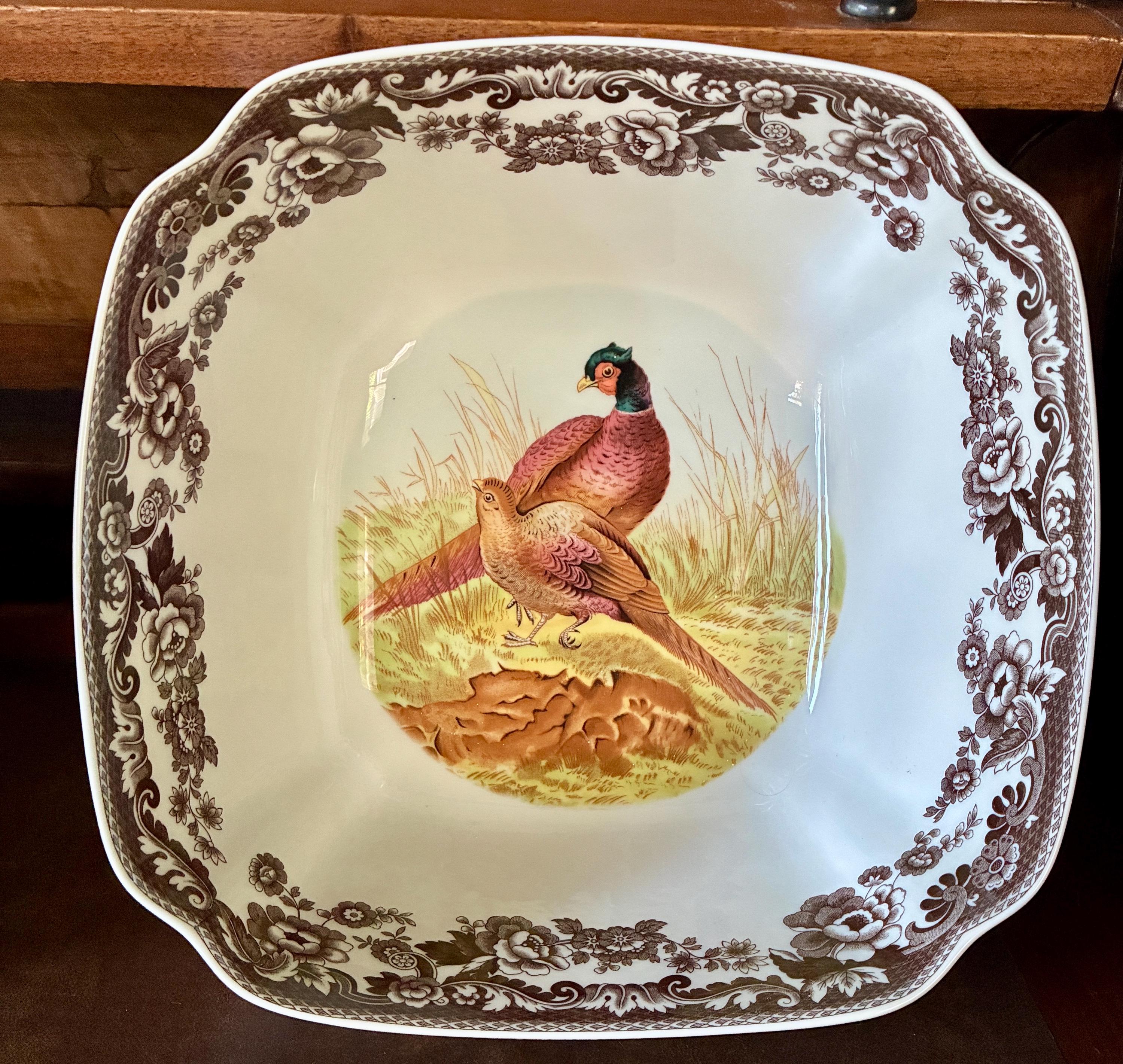 Spode Woodland Pheasant Deep Square Serving Bowl 10” Brown Transferware S3422-A15