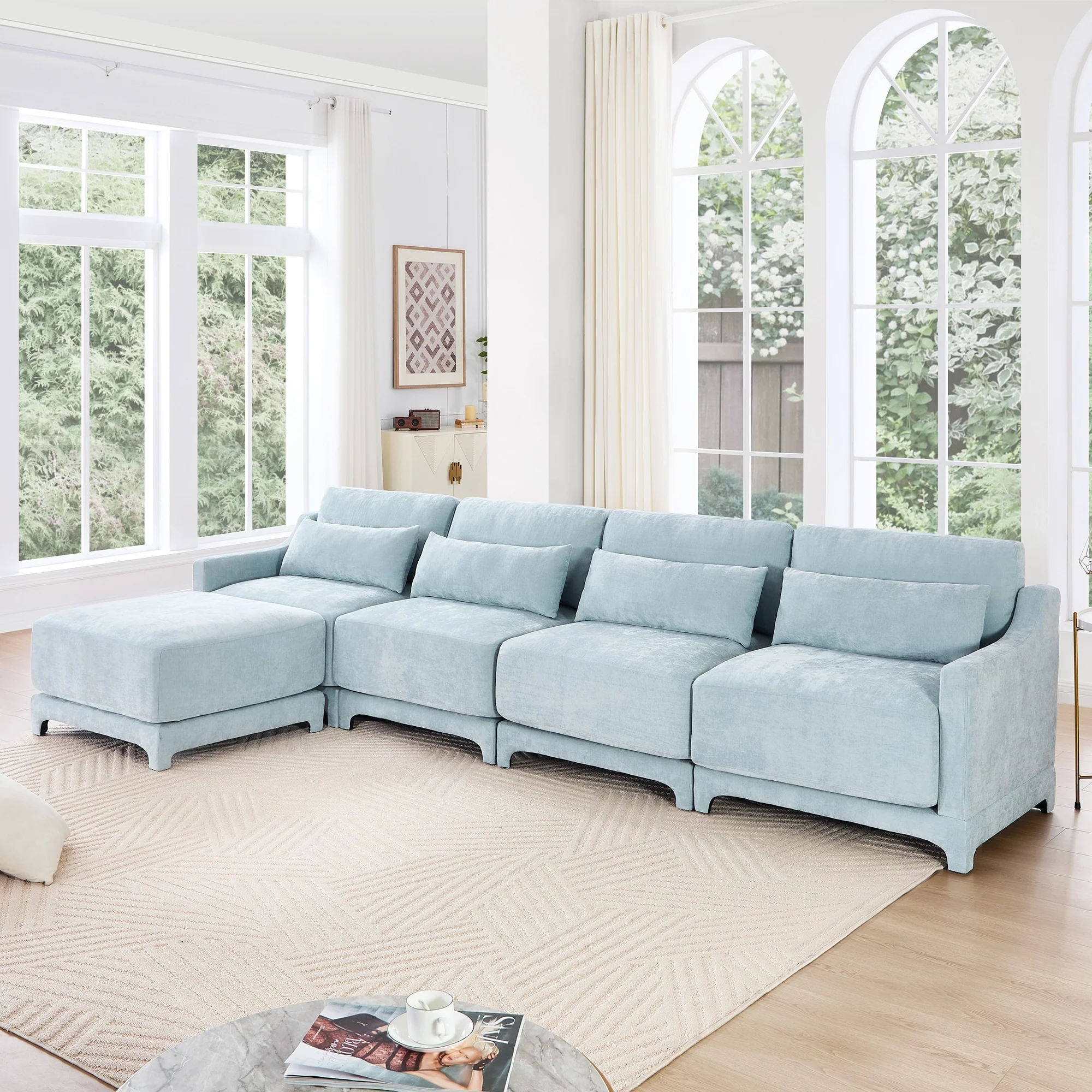 GDFStudio- Vesper Chenille Four-Seater Sofa With One Ottoman