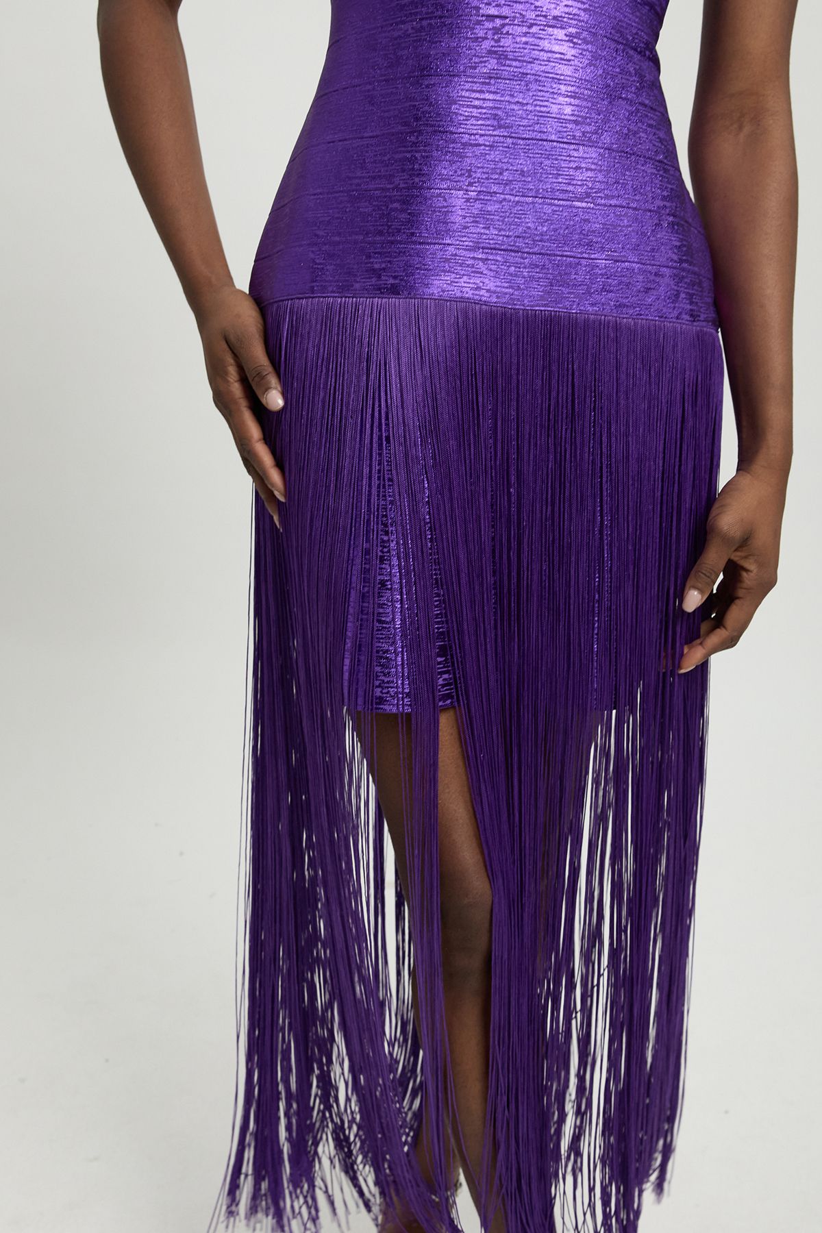 KarenMillen Foil Metallic Figure Form Bandage Angel Sleeve Fringe Knit Maxi Dress