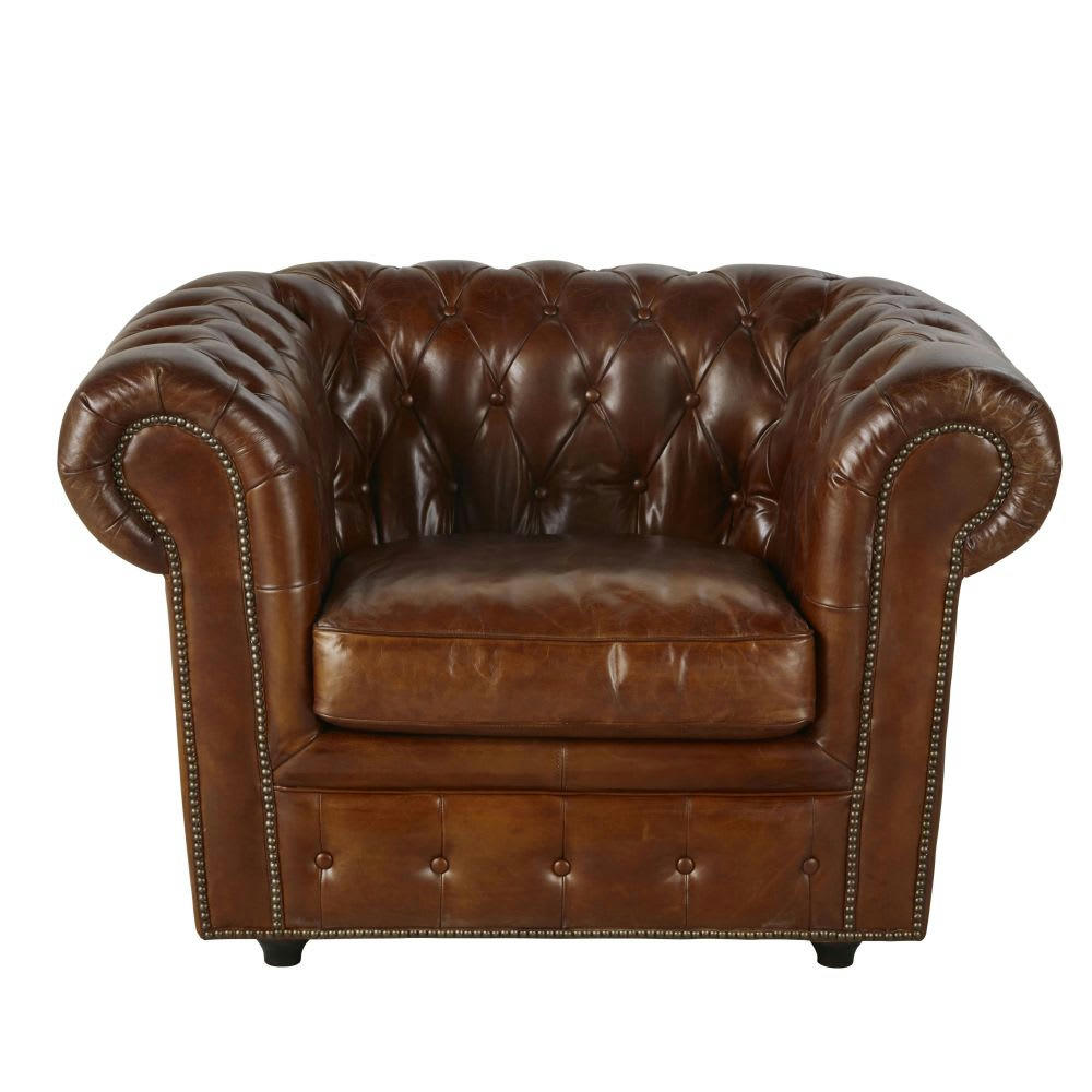 Chesterfield - Fauteuil capitonné en cuir marron