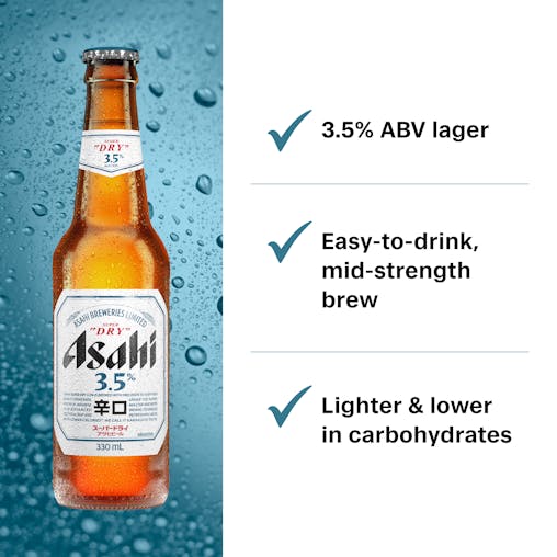 Asahi Super Dry Beer 3.5%, Low Carb Mid-Strength Beer, Refreshing & Crisp with a Slight Bitter Note, 3.5% ABV, 330mL (Case of 24 Bottles)