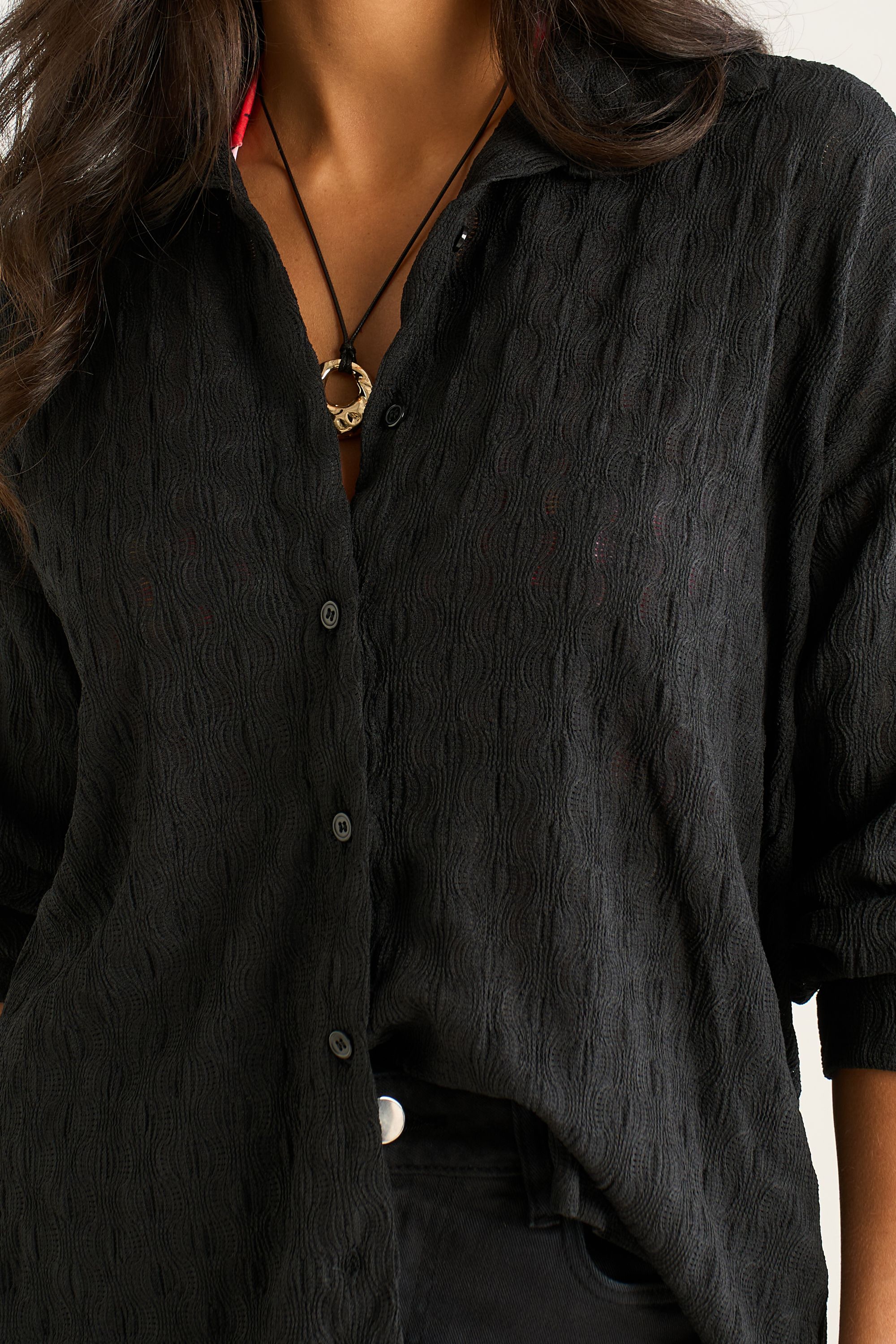 Gini London Black Textured Oversized Long Sleeves Shirt