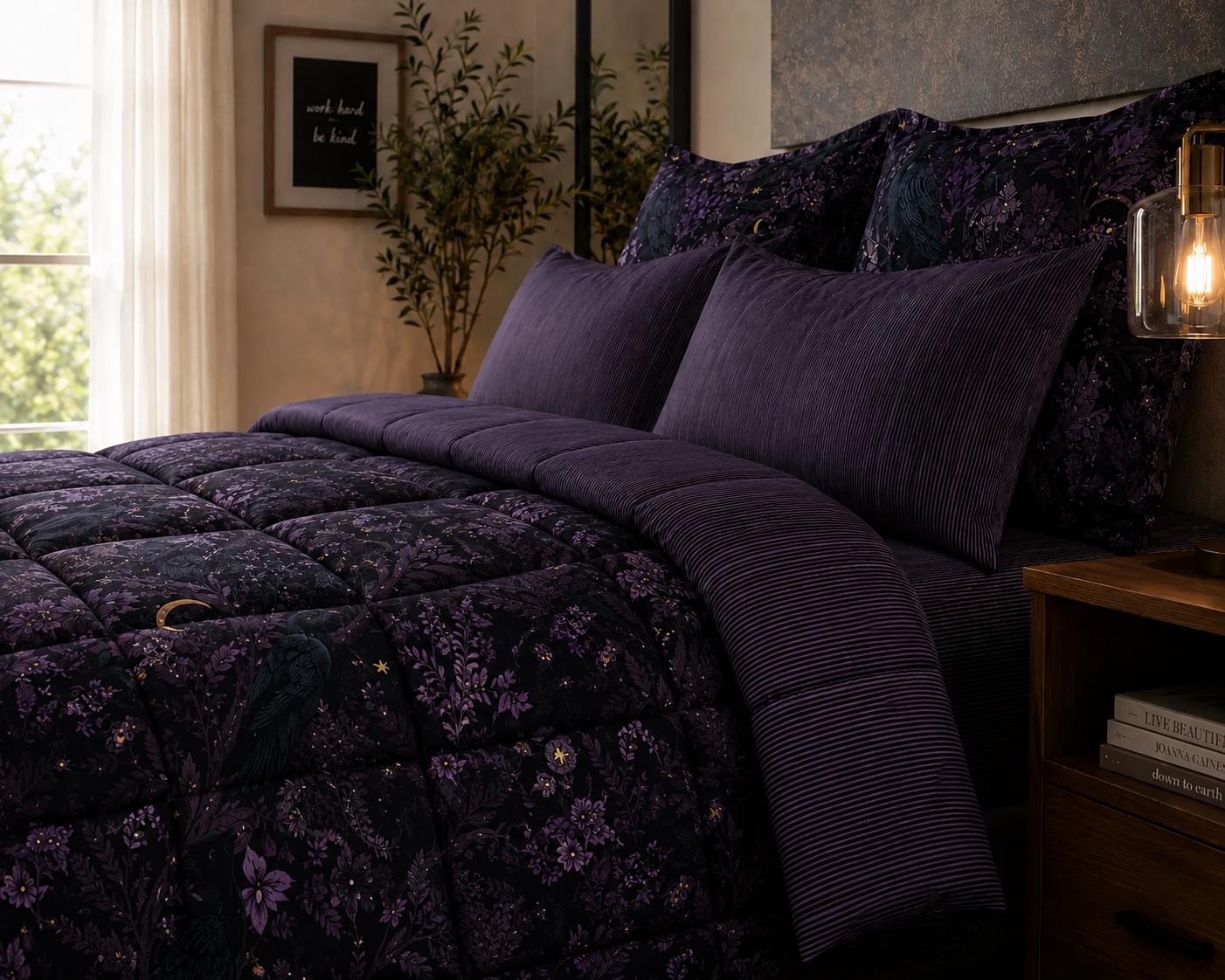 Gothic Raven Bedding Set, Dark Academia Comforter or Duvet Cover Set, Purple Bedding, Moody Bedroom Dorm Decor, Microluxe Blend - Reversible