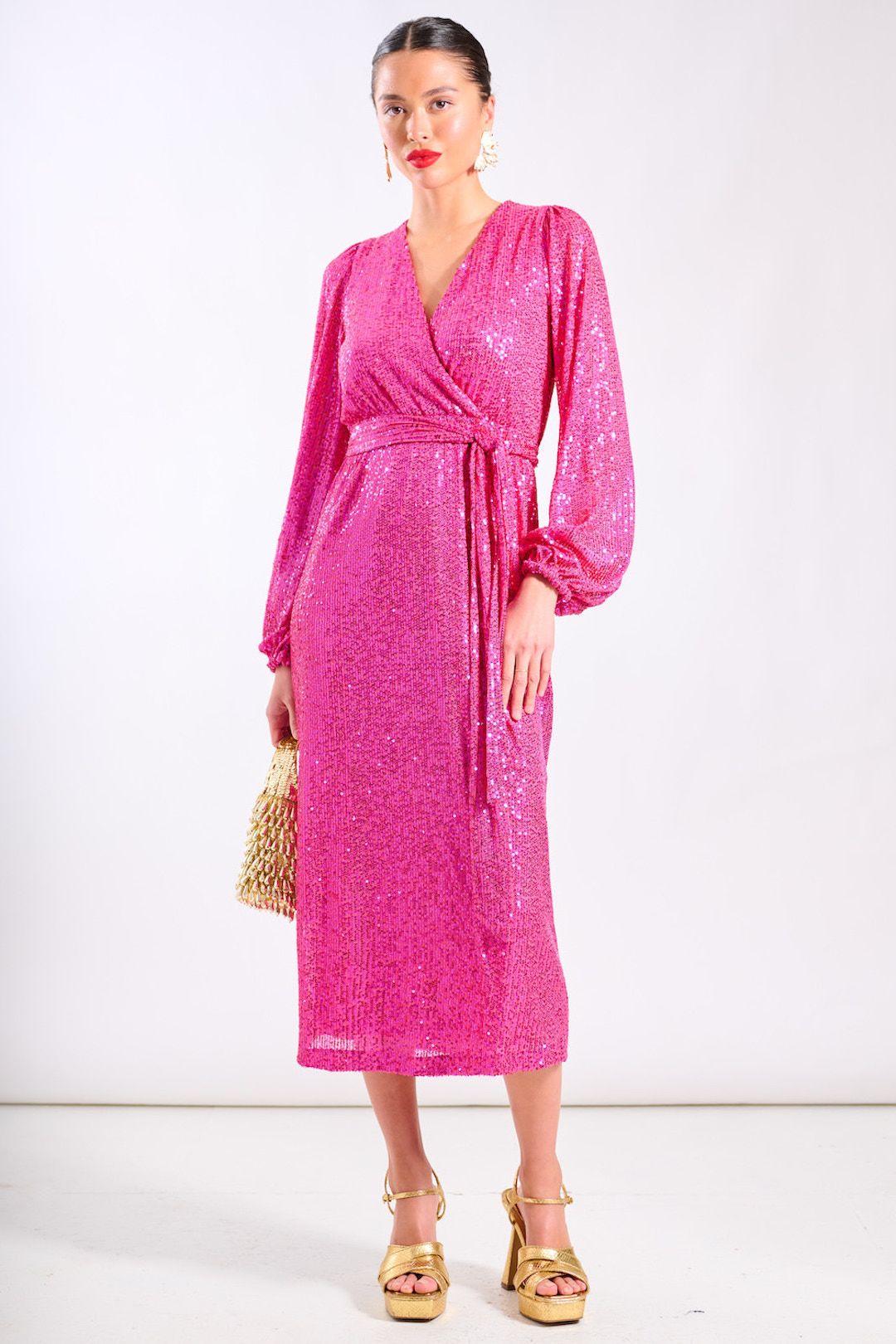 Needs No Label Pink Sequin Wrap Midi Dress