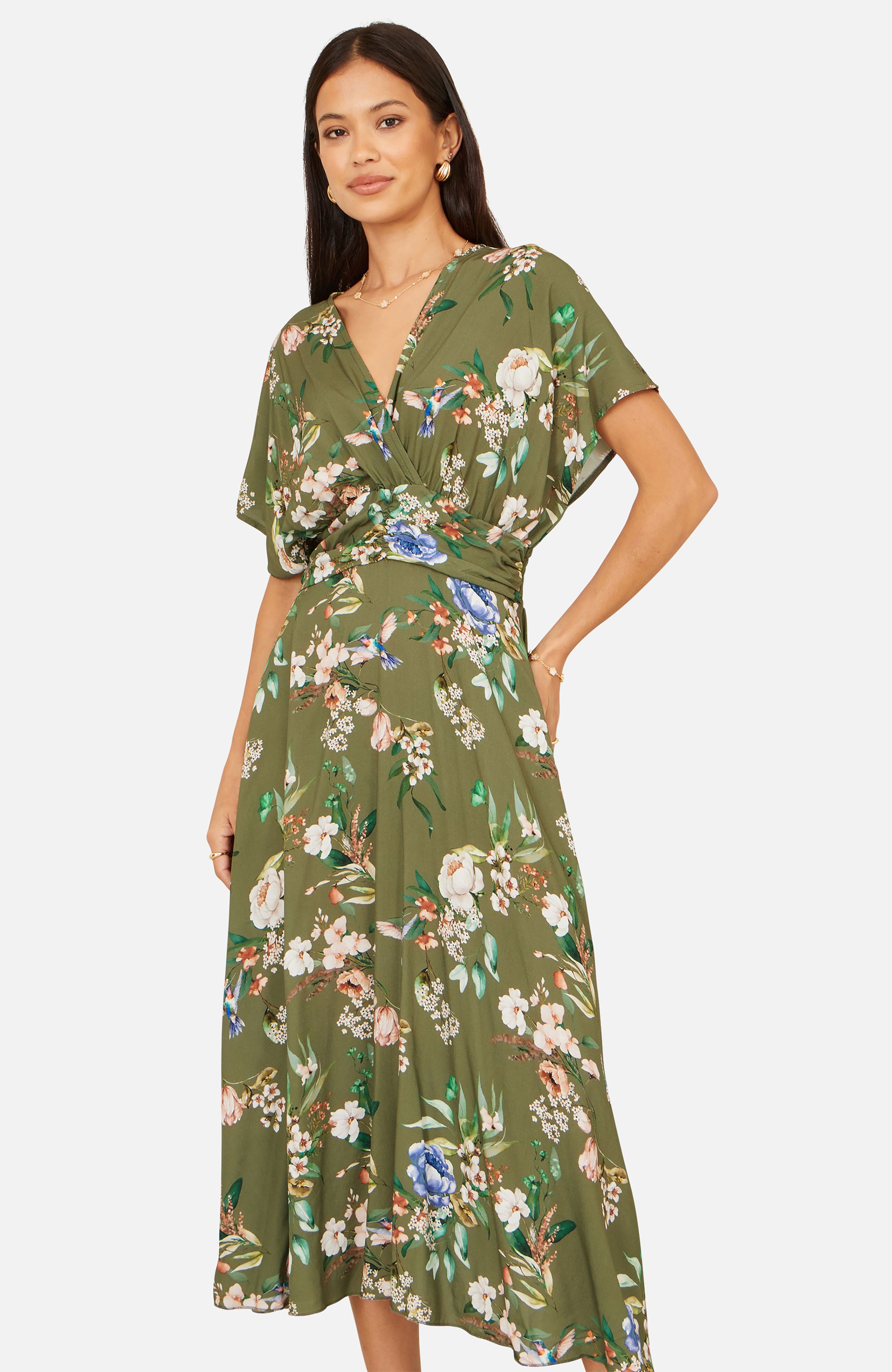 Yumi Viscose Floral Print Midi Dress With Ruched Waist