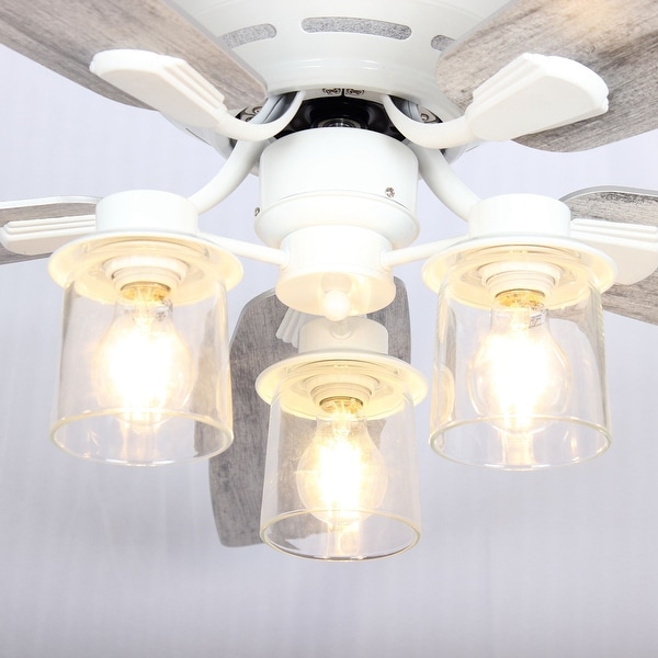 52" White Wooden 5-Blade Low Profile Ceiling Fan with Light Kit and Remote