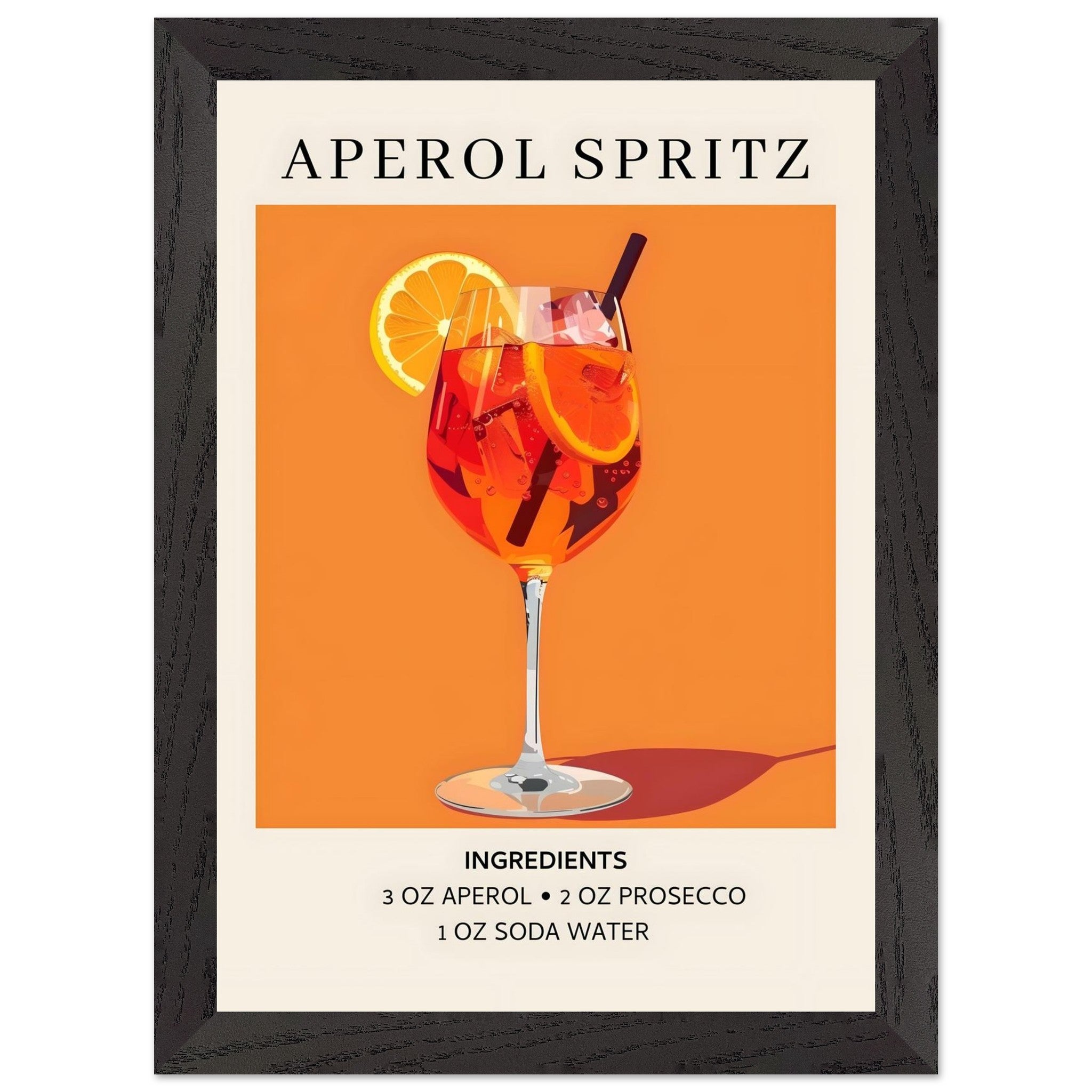 Artfulprints Poster met Lijst Aperol Spritz - Ingrediënten  - A4 21x29.7 cm - Oranje