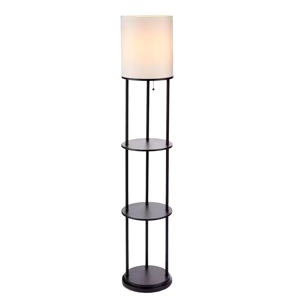 For Living Annie Etagere White Linen Shade Floor Lamp with Shelves, 58-in, Black