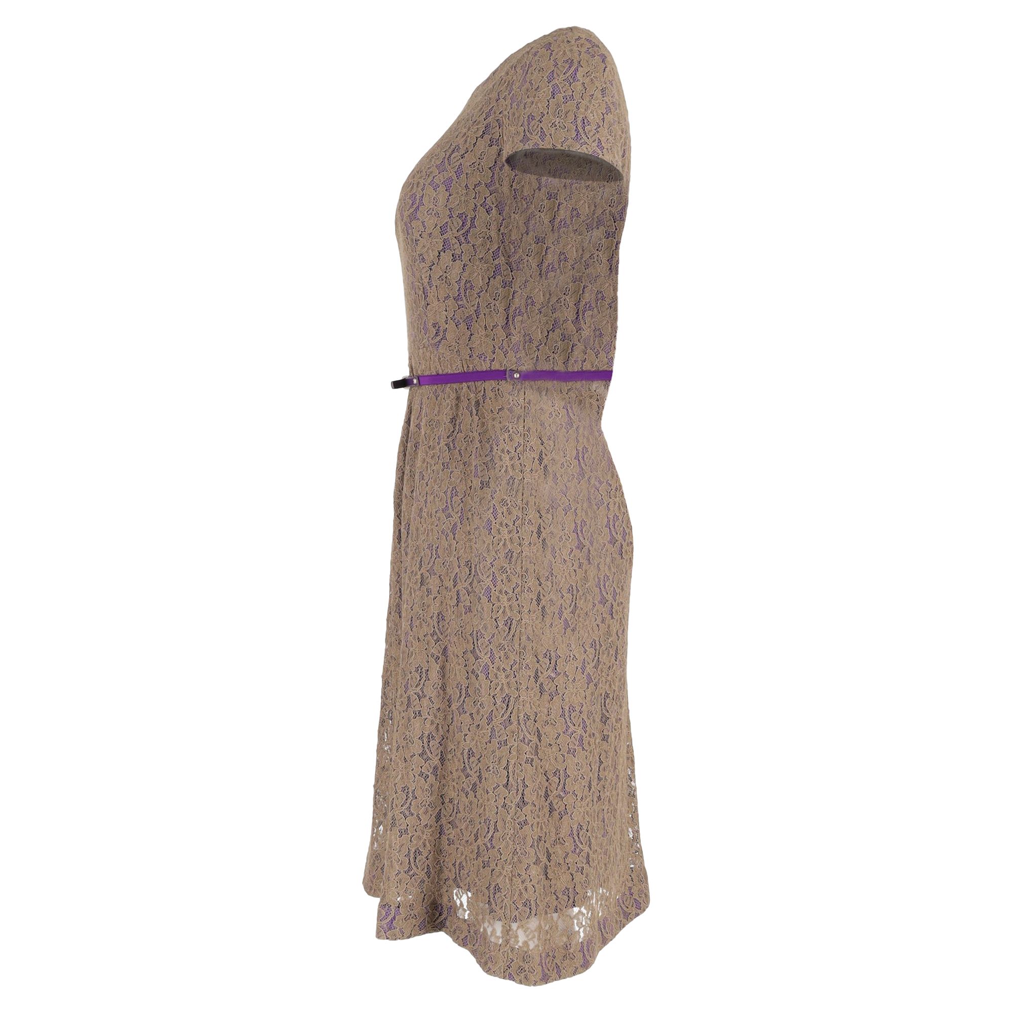Max Mara Preloved Belted Lace Midi Dress in Brown Polyester