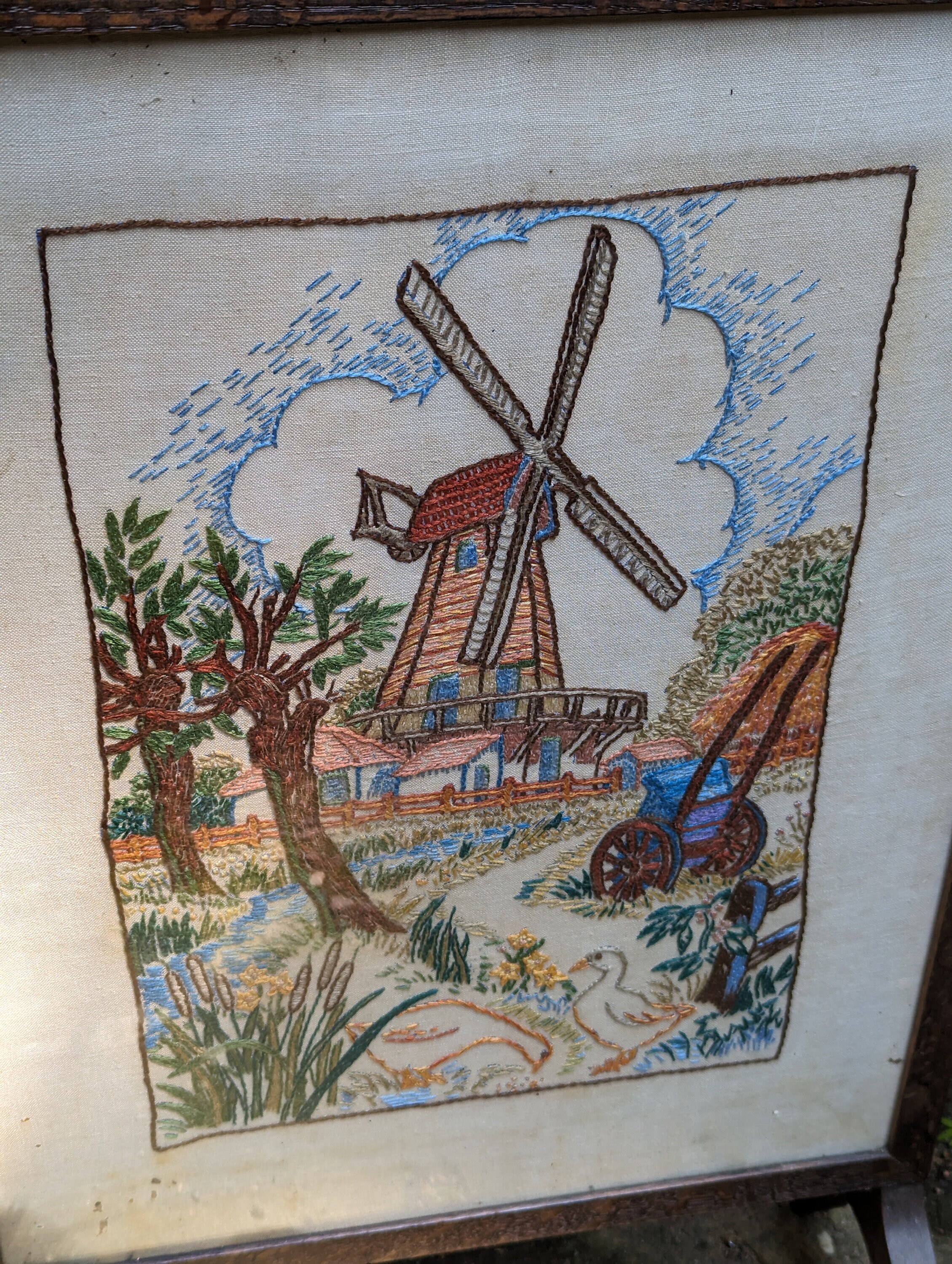 Antique Genuine Dutch Screen, Embroidered Fire Screen, Dutch scene, Windmill, Wooden Frame