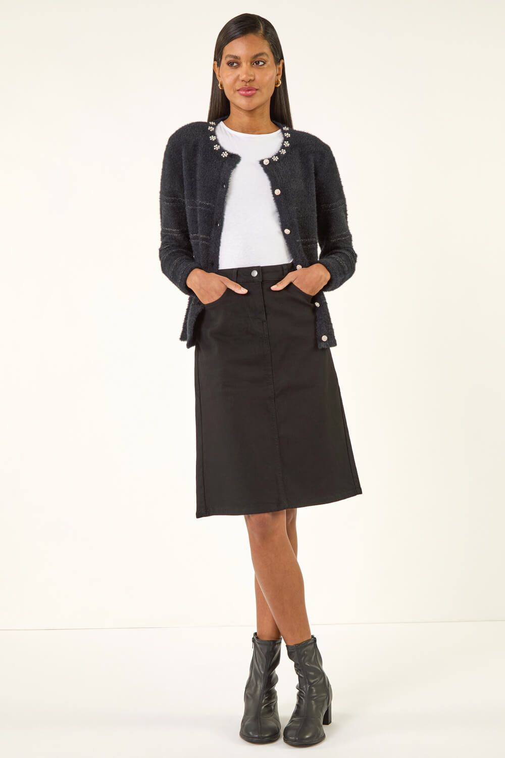 Roman Fluffy Faux Pearl Knit Cardigan