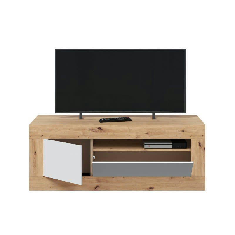 BALTIK - Meuble TV 1 porte, 1 tiroir abattant effet bois - L139 x H53 cm