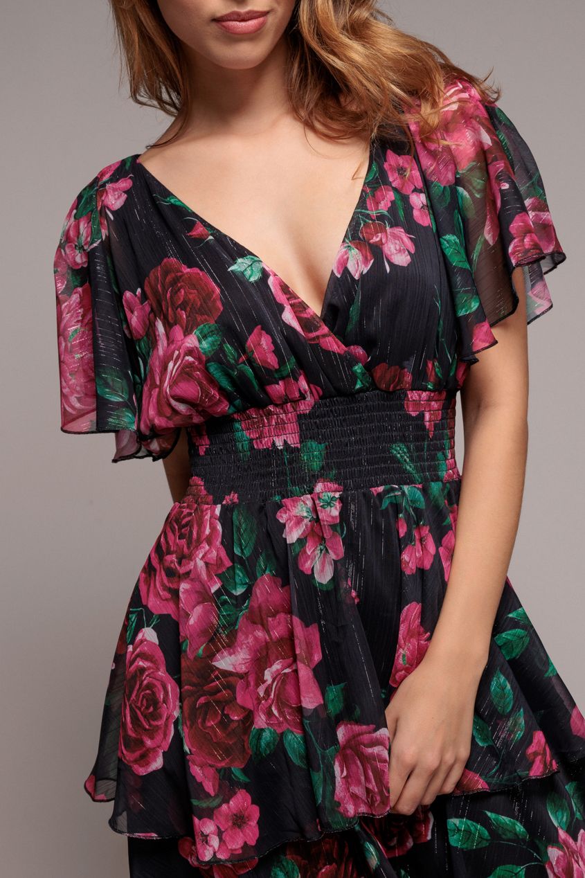 Goddiva Layered Floral Midi With Flutter Sleeves