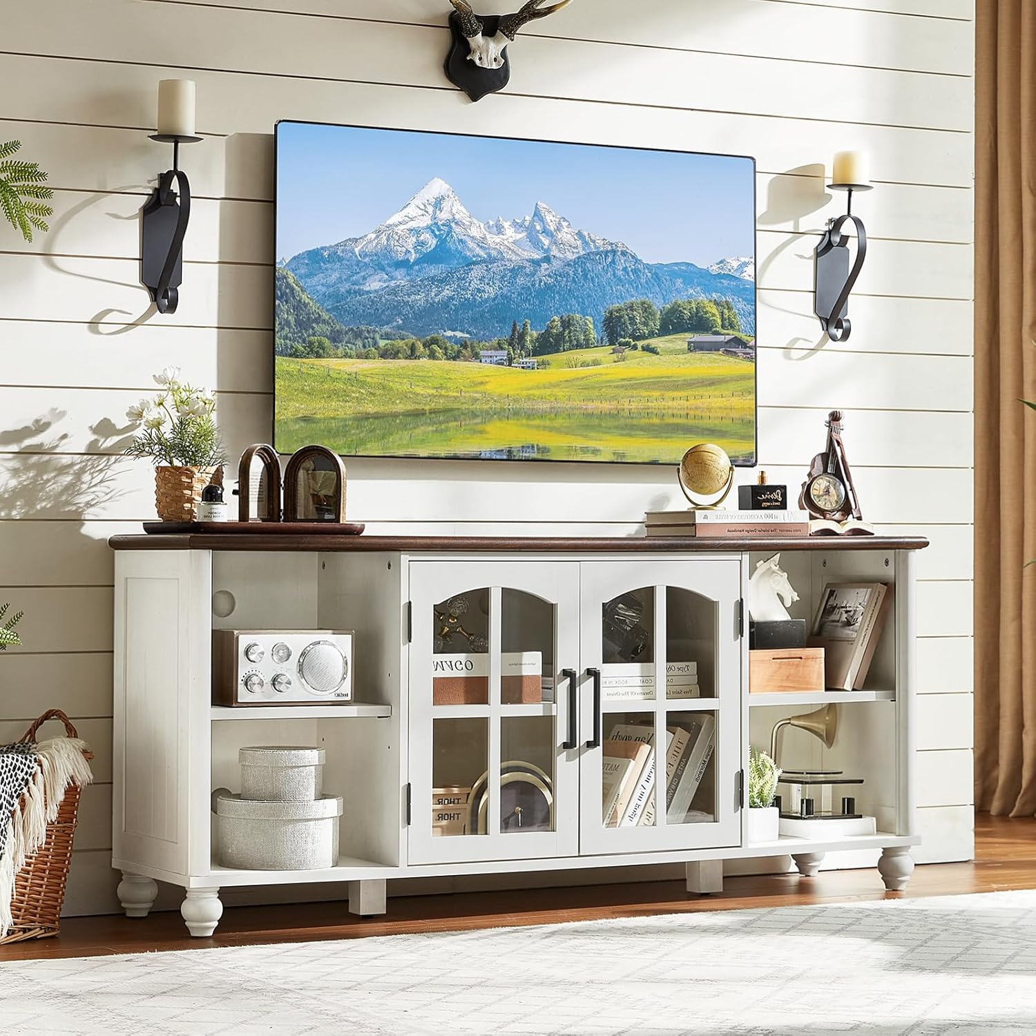 Farmhouse TV Stand for 60 Inch TV, Wood Entertainment Center with Glass Door Storage Cabinet & Adjustable Shelves,Television Stands for 65 TVS, TV Console Table for Living Room,Bedroom,White