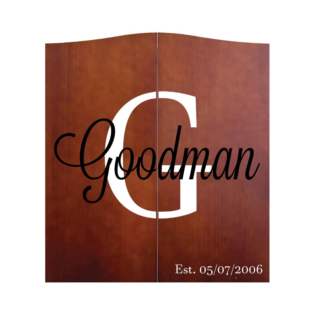 Personalized Dartboard Cabinet - Family Established - Brown Wood Dartboard Cabinet with Chalkboard for Score - Man Cave Gift - Fathers Day