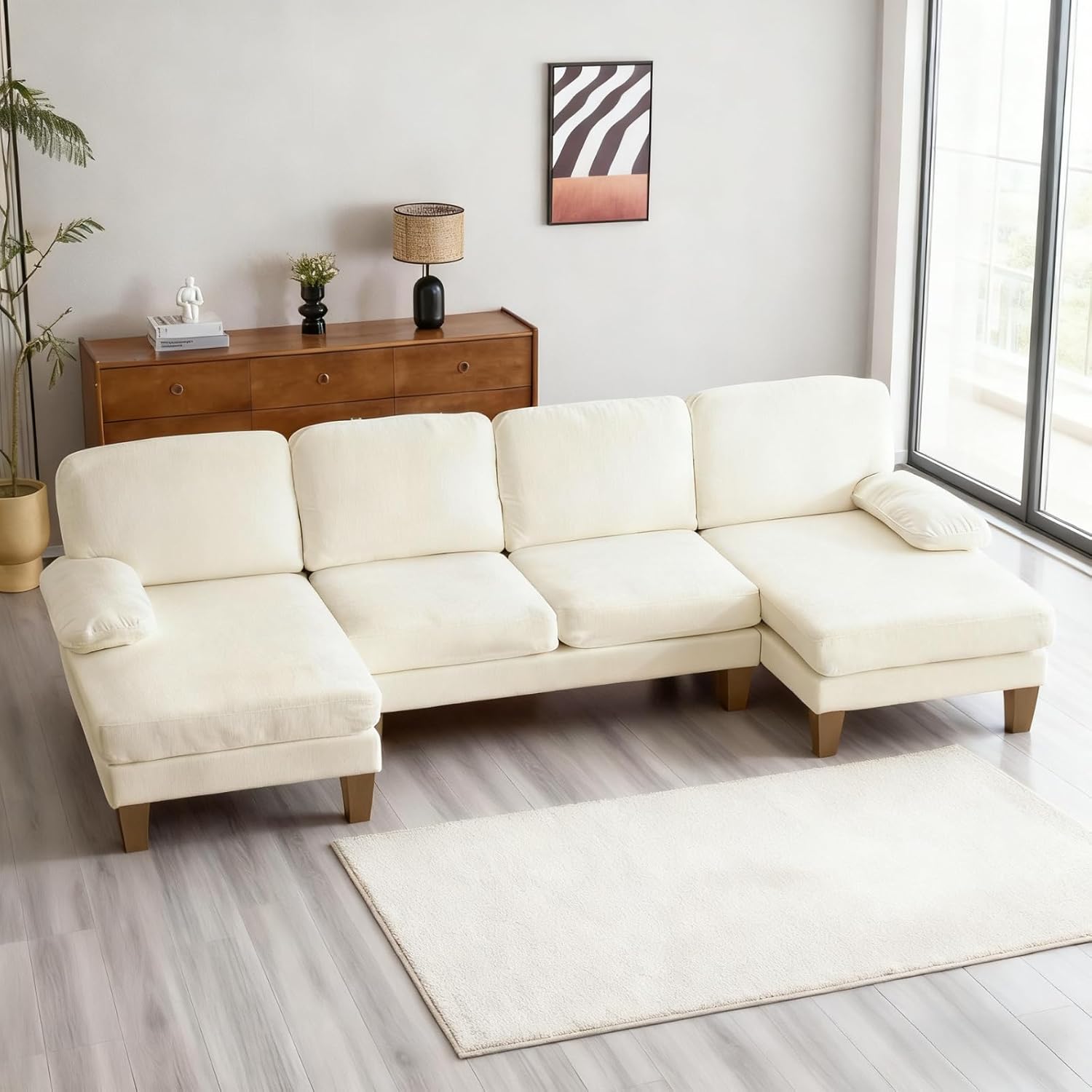 Karl home 111 Sectional Sofa U-Shaped 4-Seat Couch with Chaises Wood Grian Legs Chenille Fabric Upholstered for Living Room, Apartment, Office, Beige