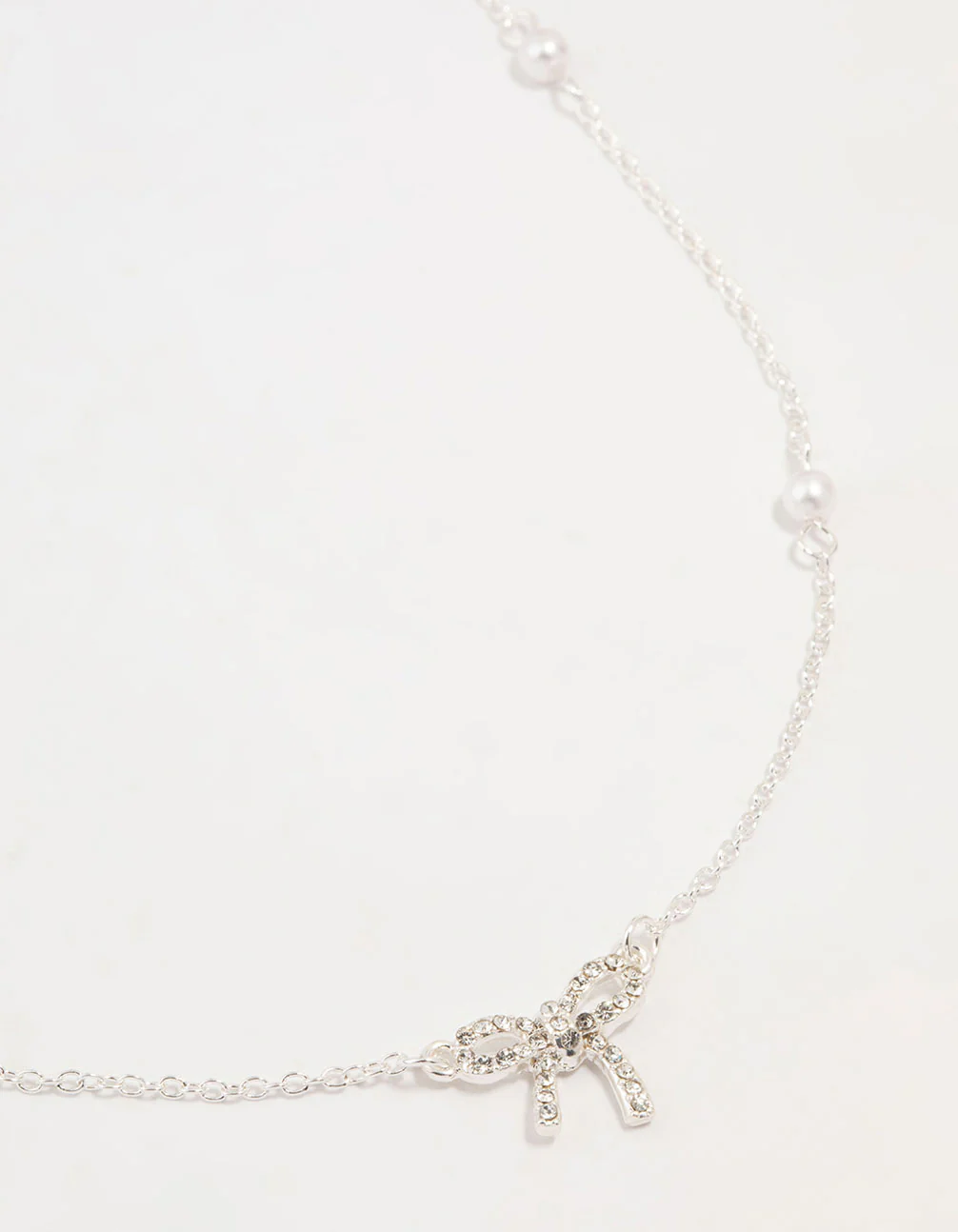 Silver Station Pearl Diamante Bow Necklace