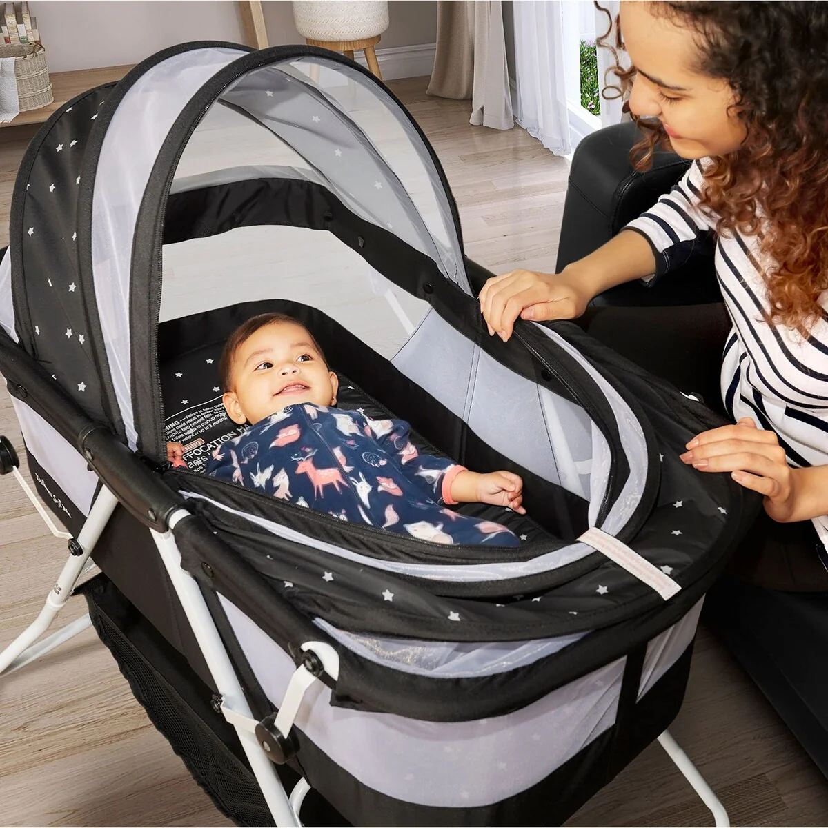 Karley Bassinet in Onyx, Lightweight Portable Baby Bassinet, Quick Fold and Easy to Carry , Adjustable Double Canopy