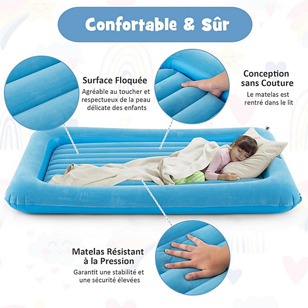 Lit Gonflable Enfant Lit de Voyage Gonflable pour Bébé avec Matelas Amovible Matélas Gonflable avec Sac de Rangement Bleu