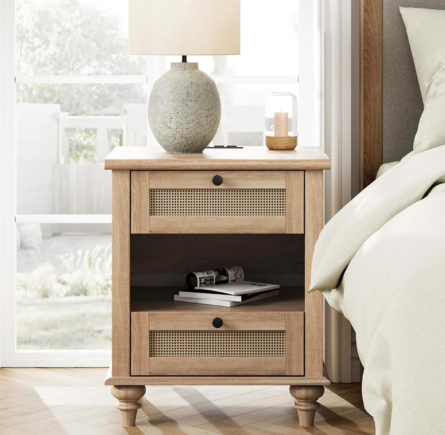 WAMPAT Rattan End Table with Charging Station for Living, Small Sofa Side Table with 2 Drawers & Open Shelf, Farmhouse Wooden Night Stand Retro Bedside Table for Living Room, Light Oak