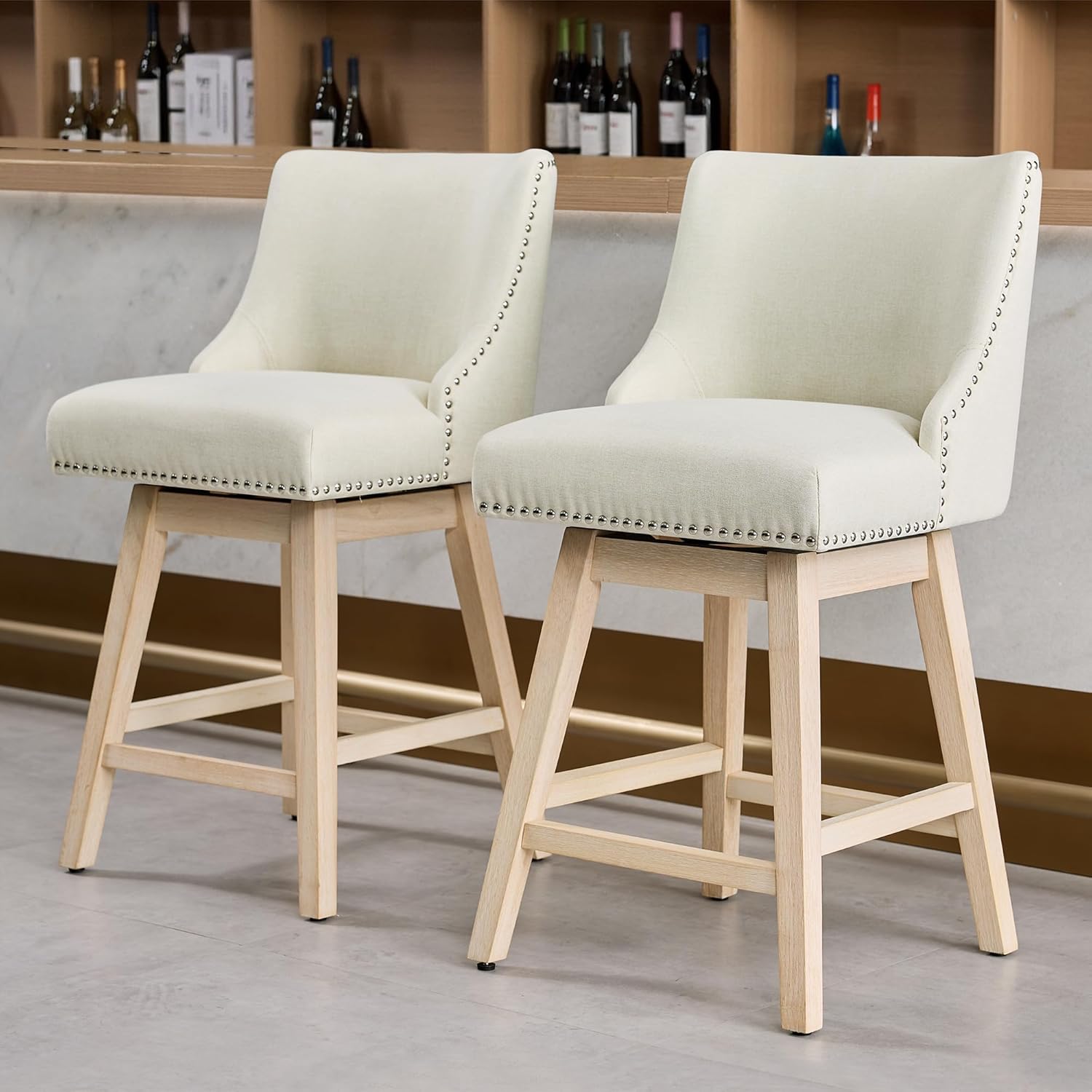 Counter Height Swivel Bar Stools Set of 2, Modern Linen Fabric Swivel Barstools with Back and Wood Legs, Upholstered 26 Seat Height Counter Stools for Kitchen Island, Home Bar, Beige