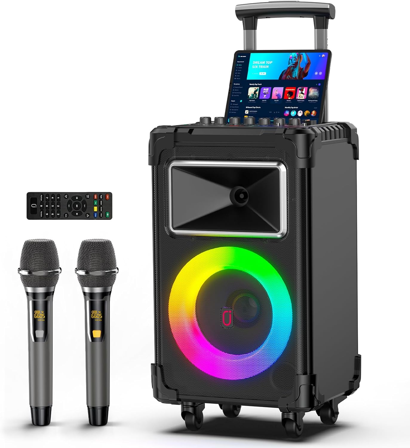 JYX Karaoke Machine with 2 Wireless Mics  10 Woofer 500W Peak Power Big Portable Bluetooth Speaker with Bass/Treble Adjustment  PA System with Remote Control  LED Lights  Rolling Wheels and Trolley