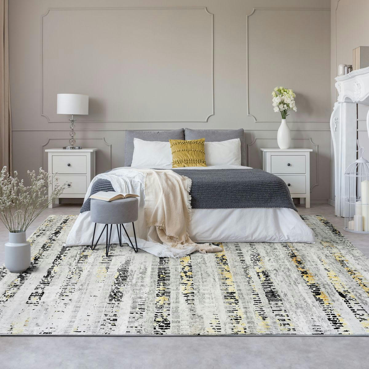 MEDIANE - Tapis graphique stries gris or 160x230