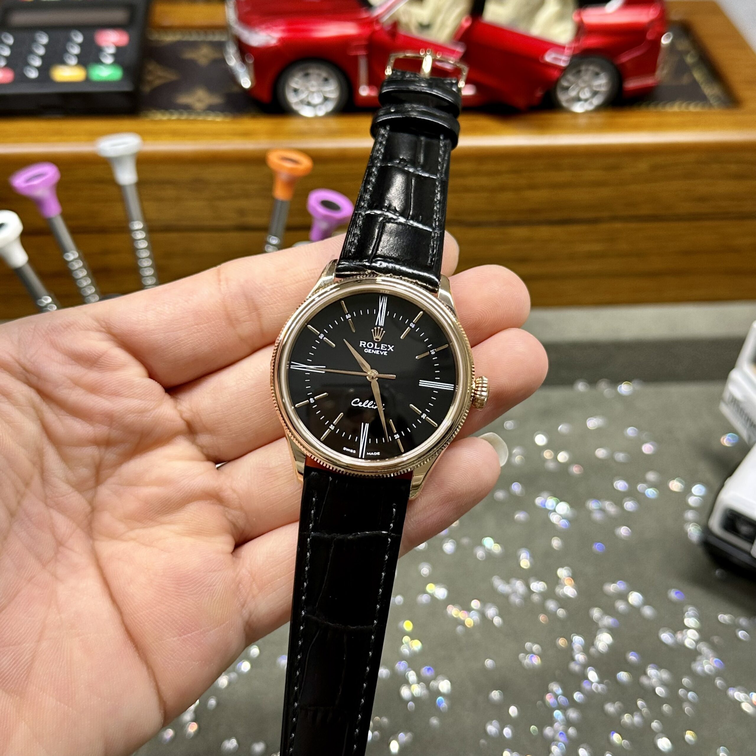 Rolex Cellini 50505 RG Plated Black Dial 39mm Leather AAA Replica