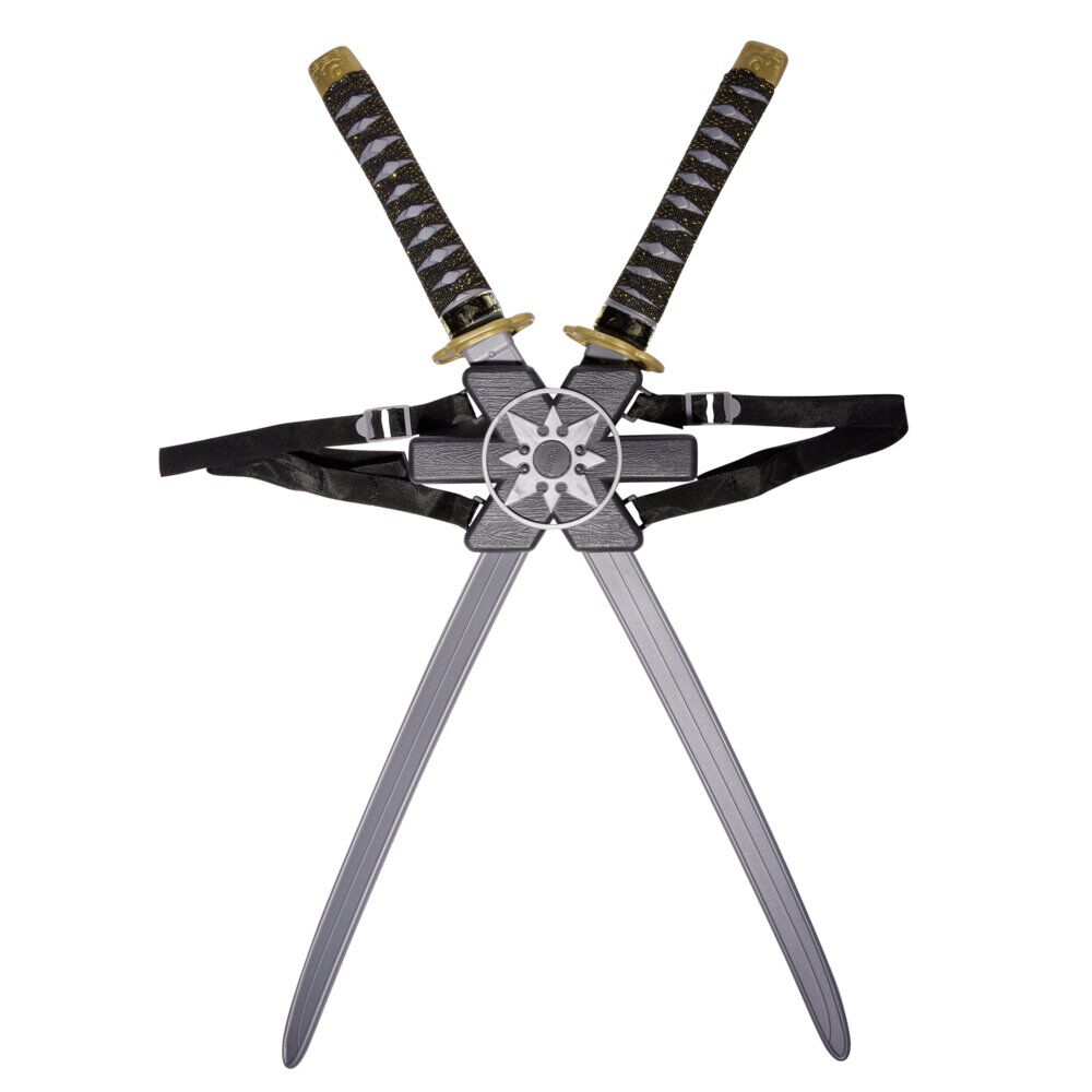 épée ninja grise et noire L65cm x2 avec support dorsal